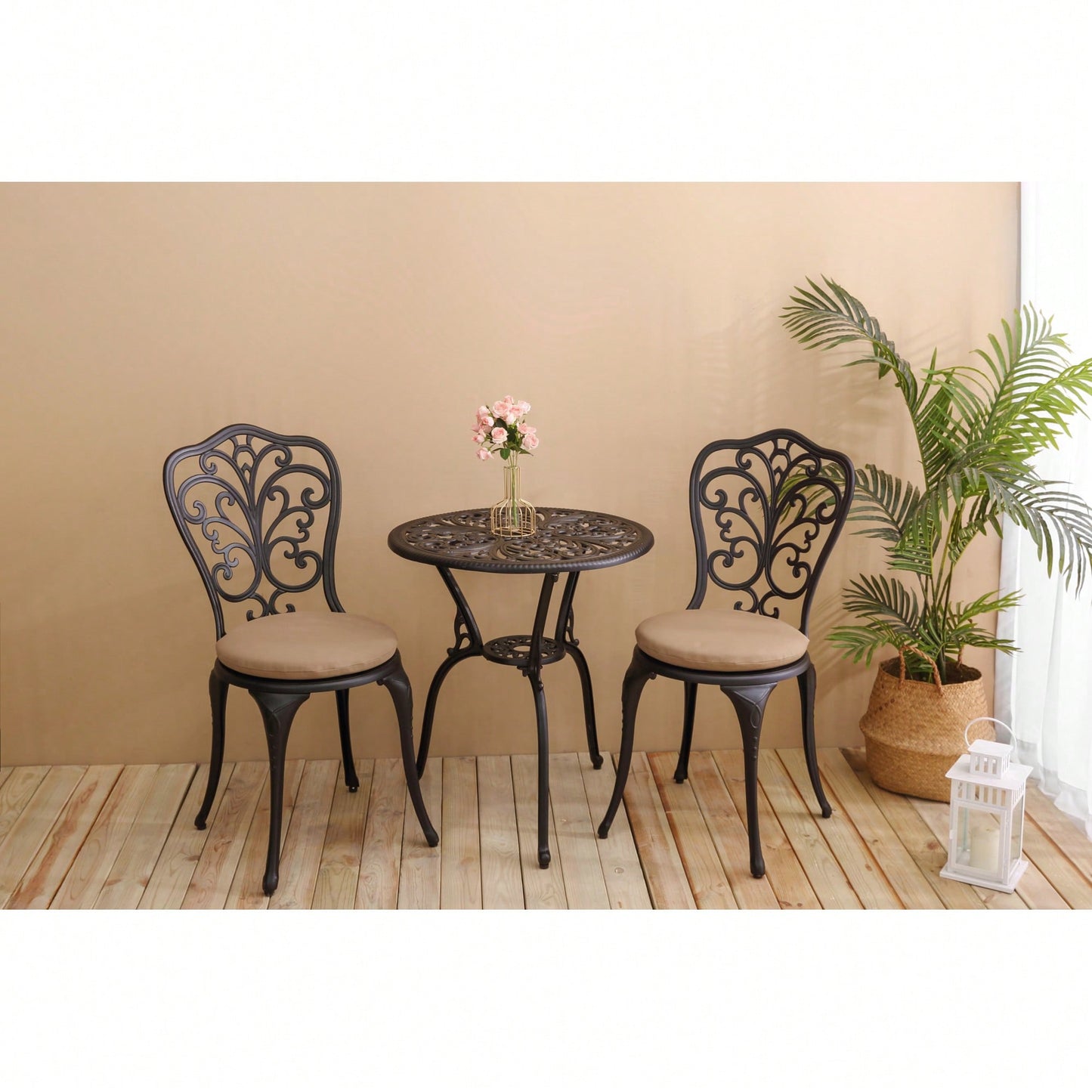 Rust-Resistant 3-Piece Outdoor Cast Aluminum Bistro Set With Cushions For Patio Dining