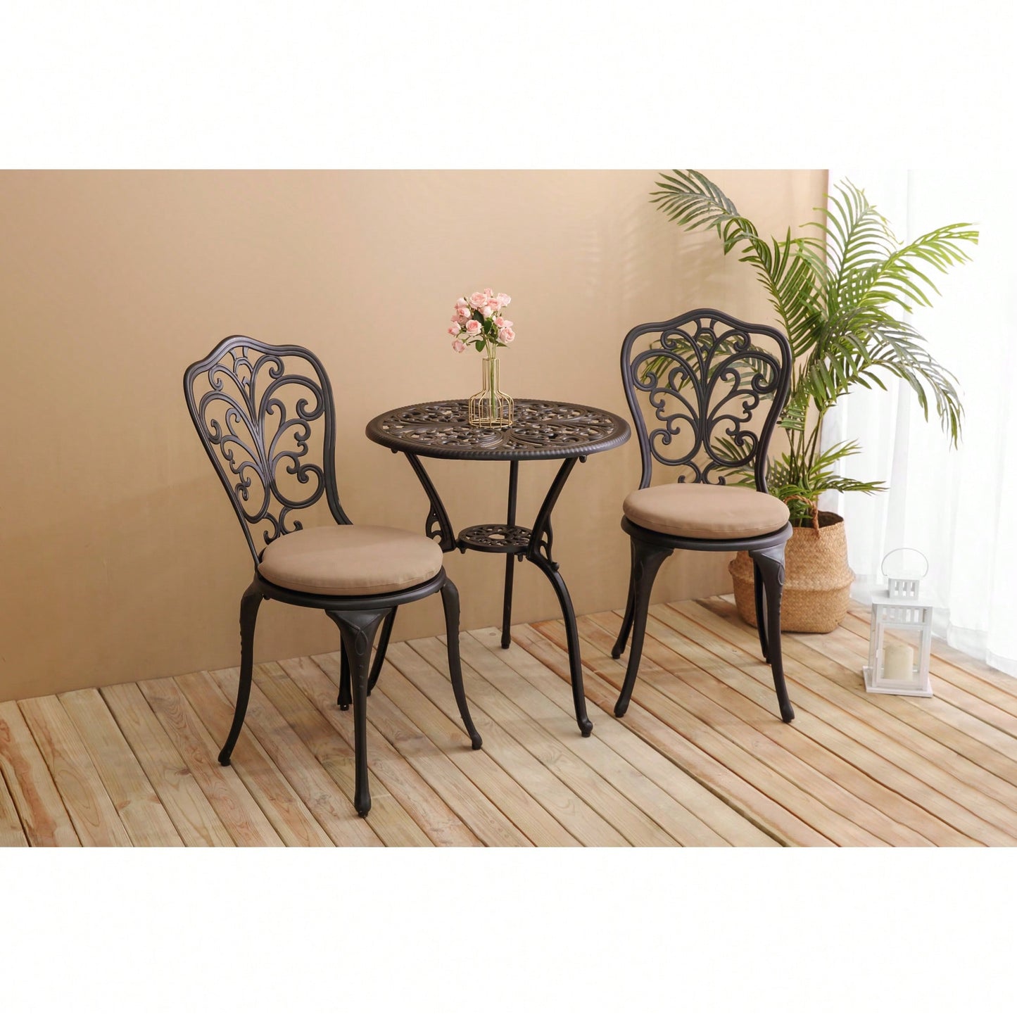 Rust-Resistant 3-Piece Outdoor Cast Aluminum Bistro Set With Cushions For Patio Dining