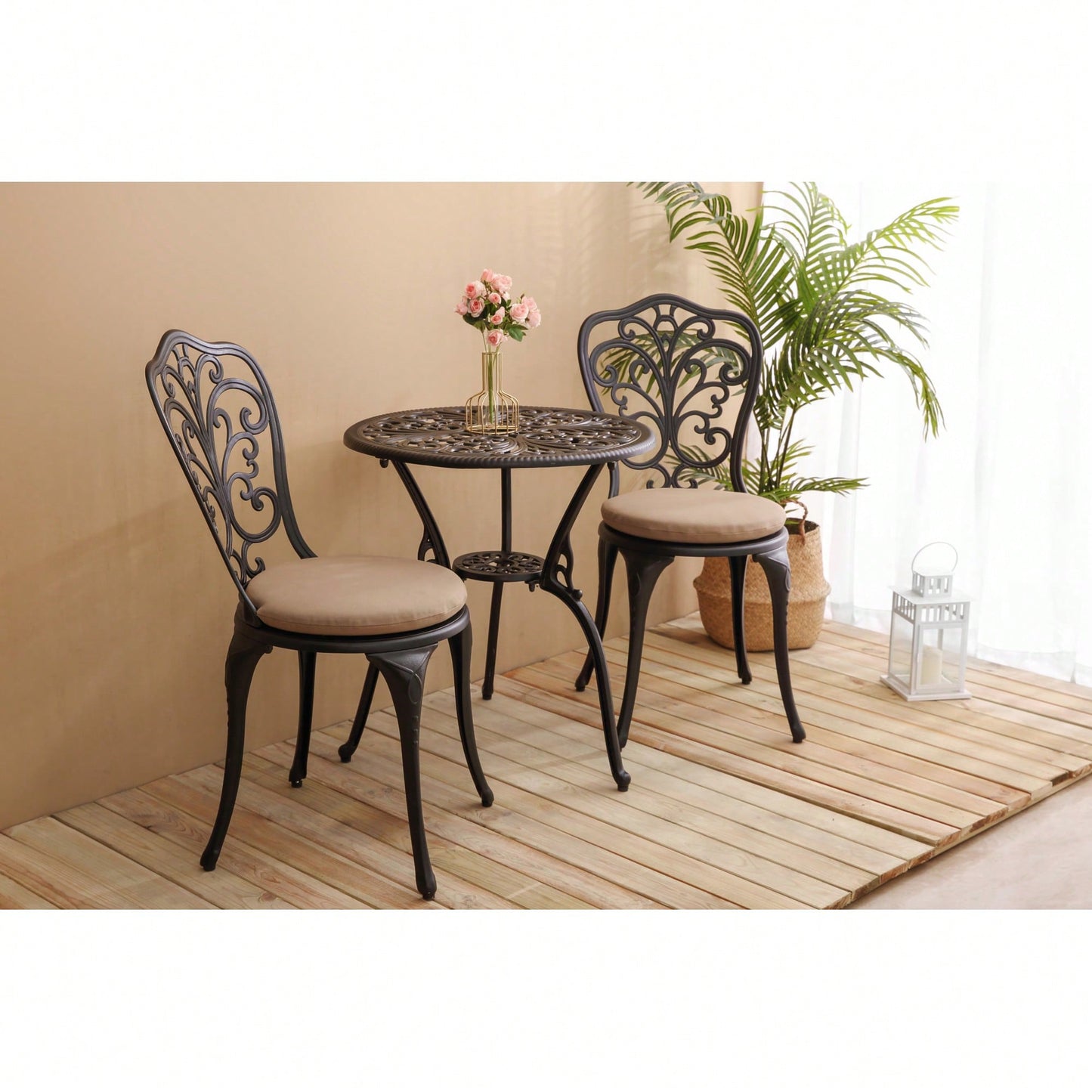 Rust-Resistant 3-Piece Outdoor Cast Aluminum Bistro Set With Cushions For Patio Dining