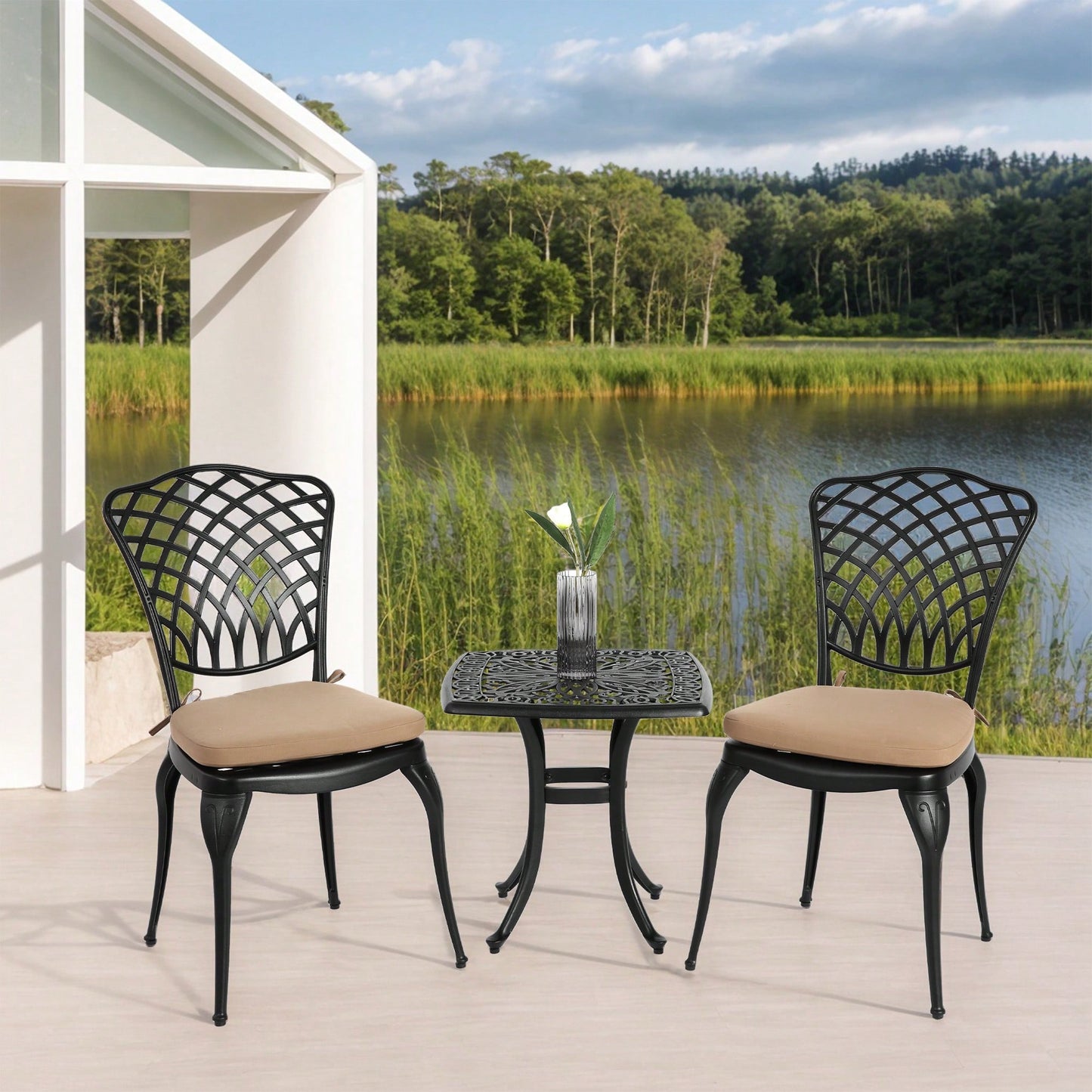 Rustproof Cast Aluminum 3 Piece Bistro Set With Cushions For Outdoor Patio Garden Balcony - 2 Chairs And Round Table