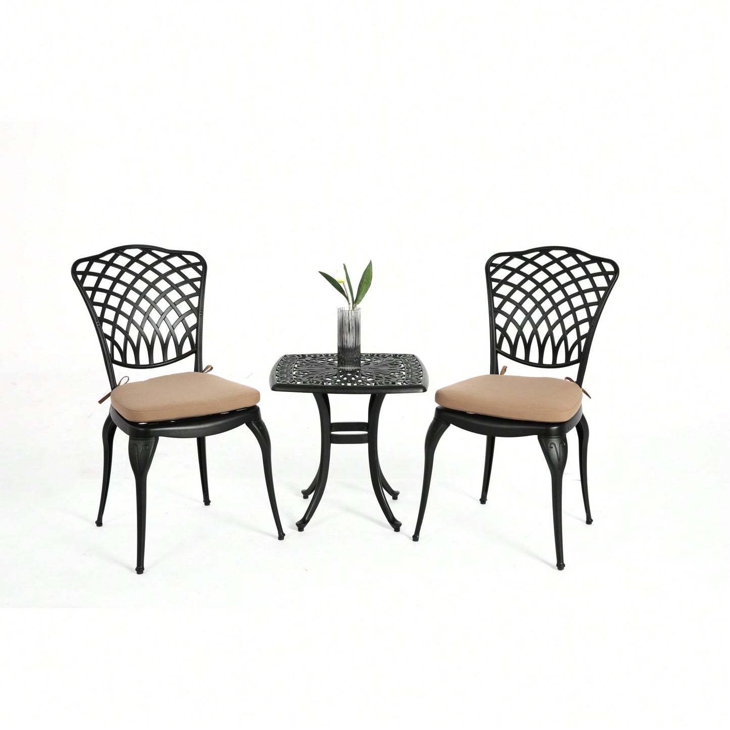 Rustproof Cast Aluminum 3 Piece Bistro Set With Cushions For Outdoor Patio Garden Balcony - 2 Chairs And Round Table