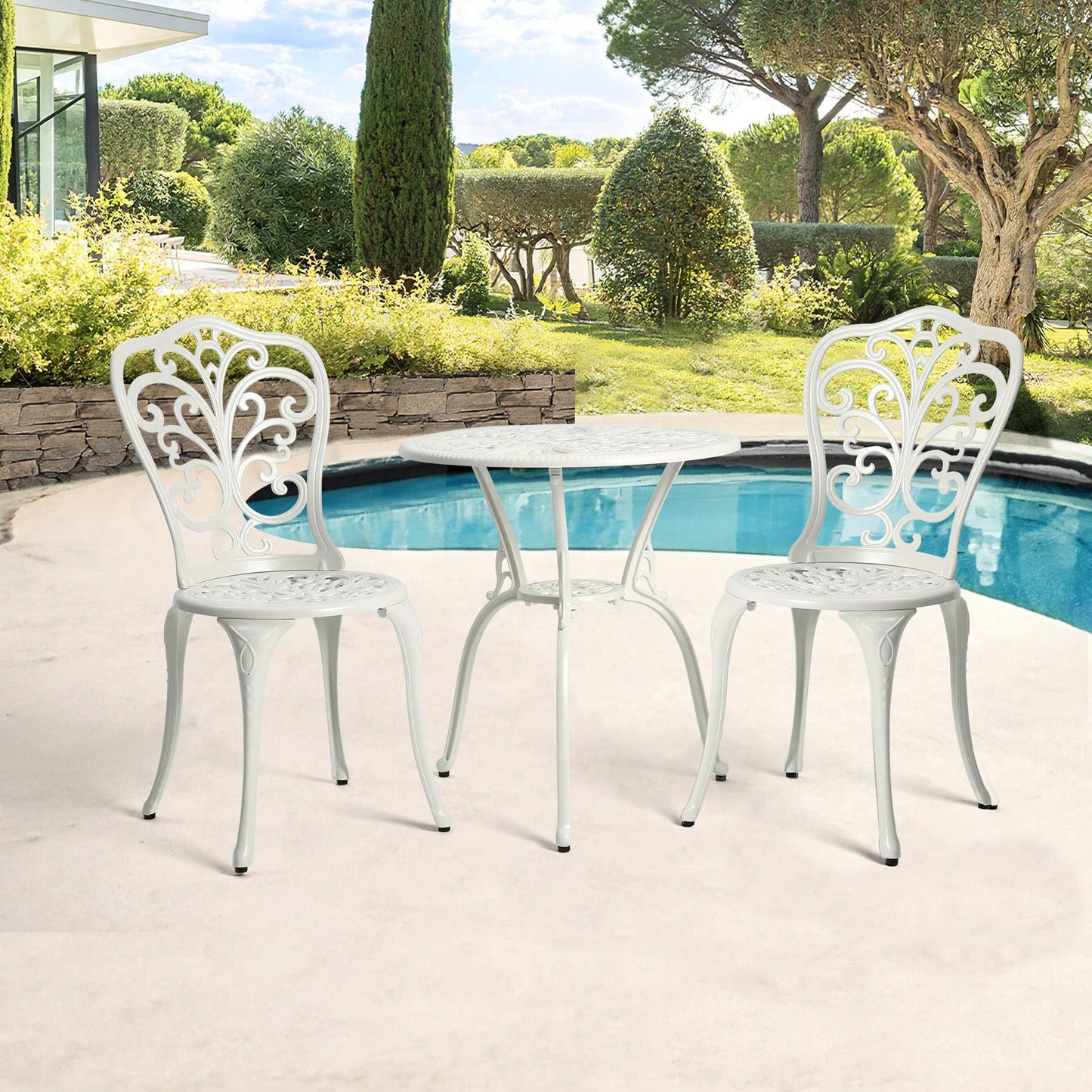 3-Piece Outdoor Rust-Resistant Cast Aluminum Patio Bistro Set In White For Stylish Garden Dining
