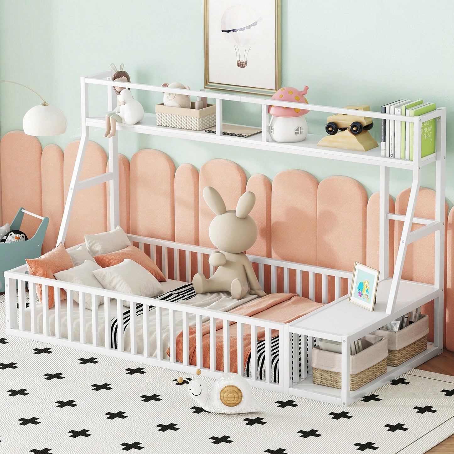 Twin Size Floor Bed Frame With Safety Fence And Storage Shelves For Kids Playhouse Design In White