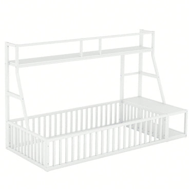 Twin Size Floor Bed Frame With Safety Fence And Storage Shelves For Kids Playhouse Design In White