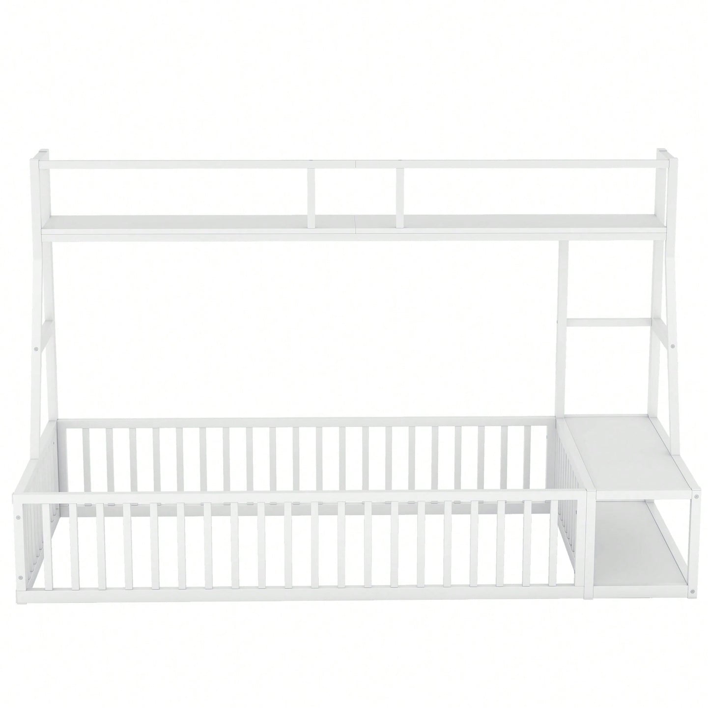 Twin Size Floor Bed Frame With Safety Fence And Storage Shelves For Kids Playhouse Design In White