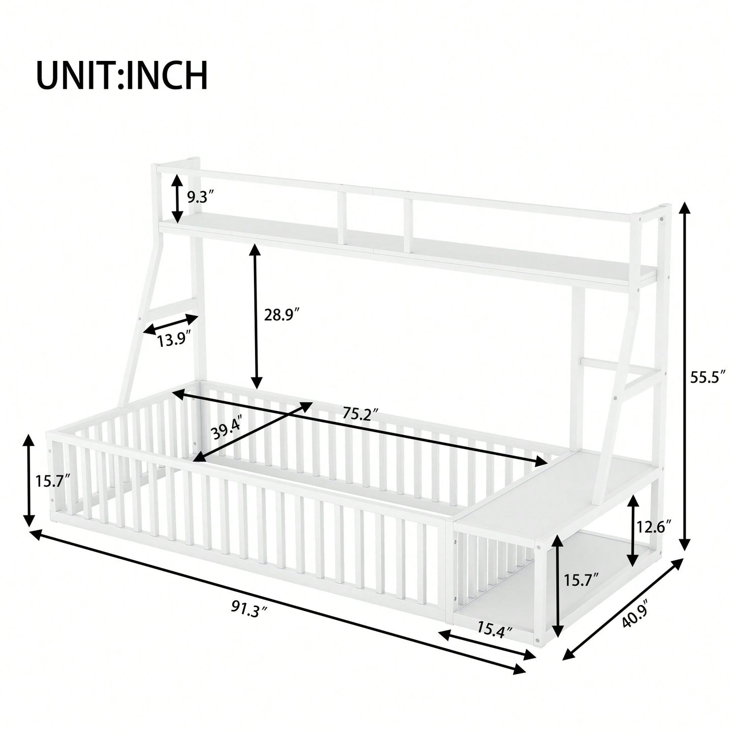 Twin Size Floor Bed Frame With Safety Fence And Storage Shelves For Kids Playhouse Design In White