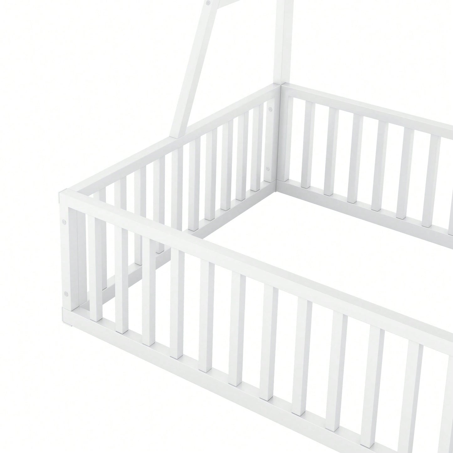 Twin Size Floor Bed Frame With Safety Fence And Storage Shelves For Kids Playhouse Design In White