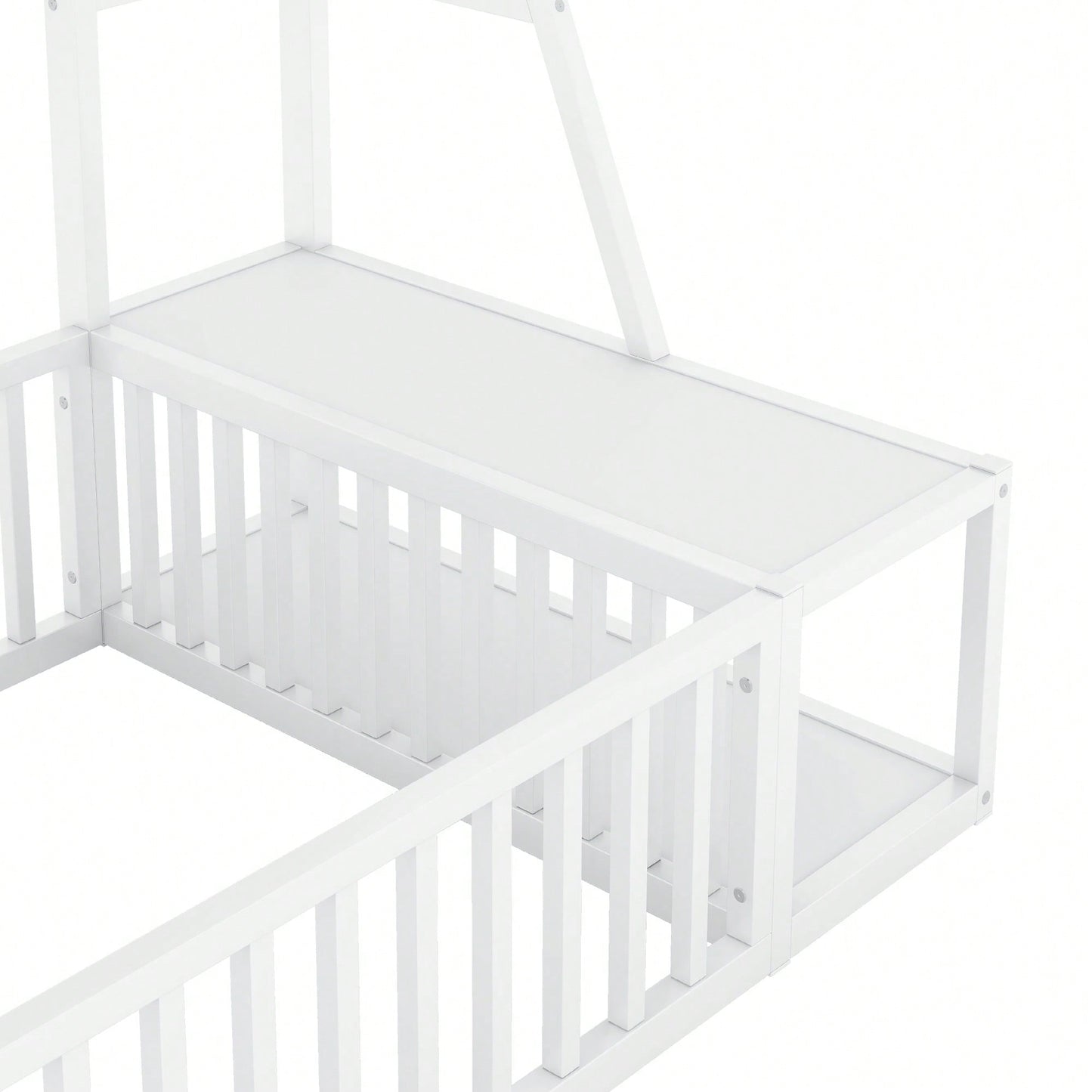 Twin Size Floor Bed Frame With Safety Fence And Storage Shelves For Kids Playhouse Design In White