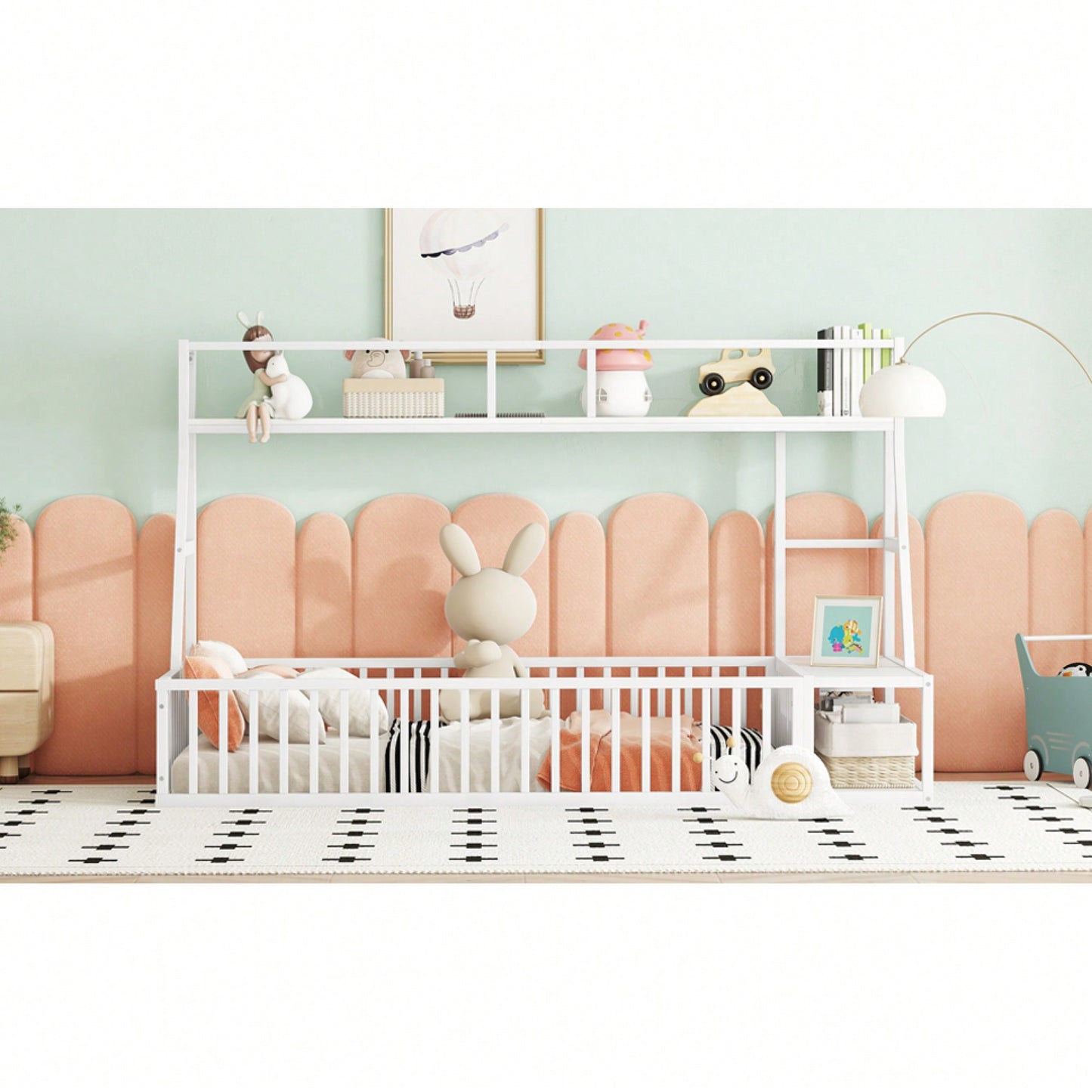Twin Size Floor Bed Frame With Safety Fence And Storage Shelves For Kids Playhouse Design In White