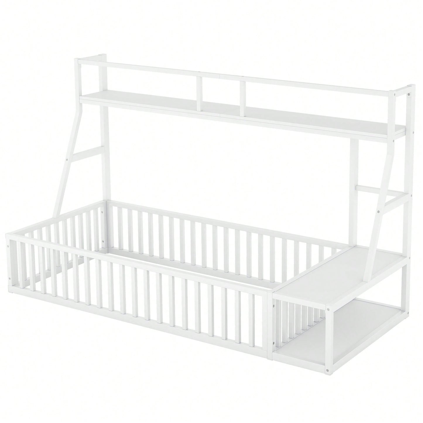 Twin Size Floor Bed Frame With Safety Fence And Storage Shelves For Kids Playhouse Design In White