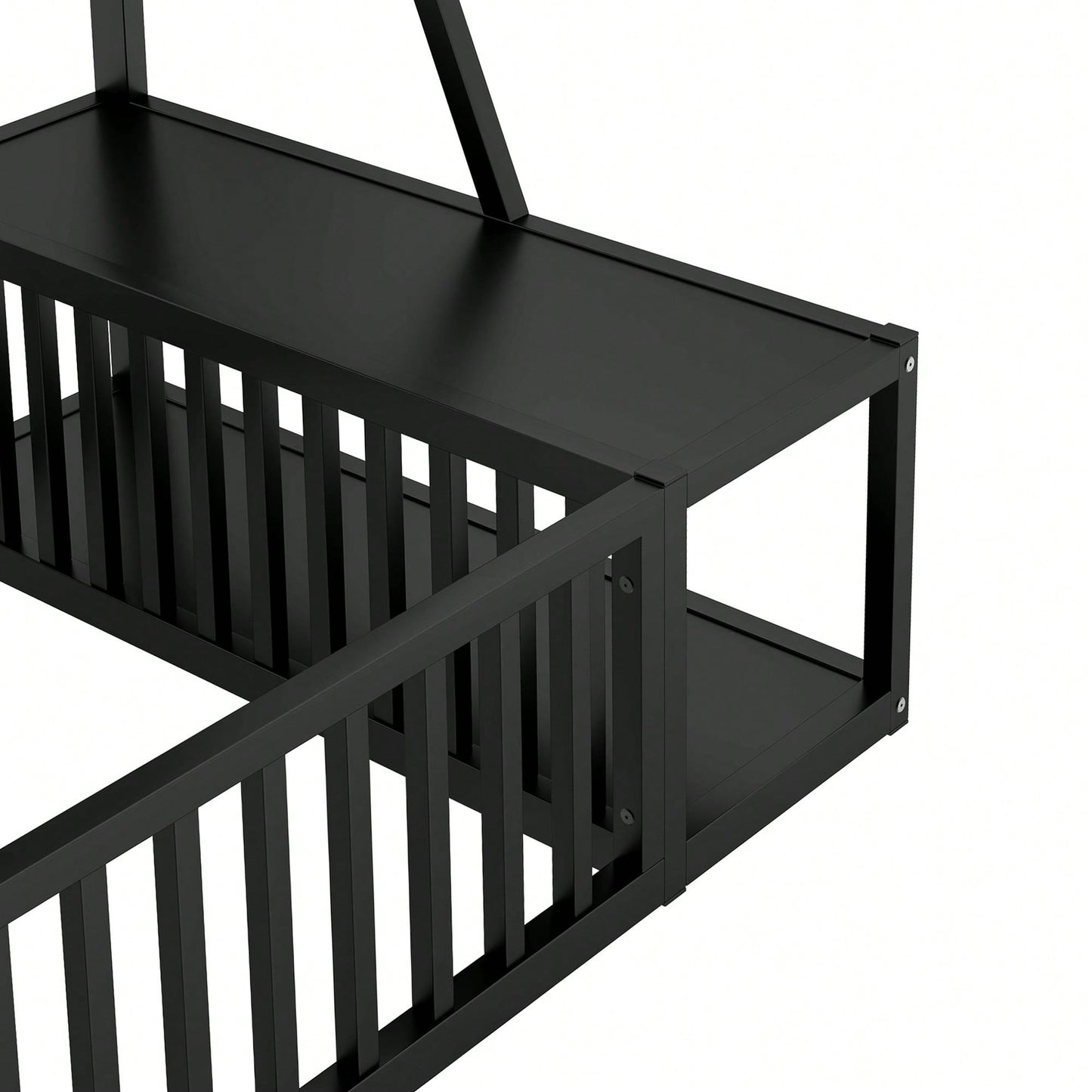 Twin Size Floor Bed Frame With Safety Fence And Storage Shelves For Kids Playhouse Design In White