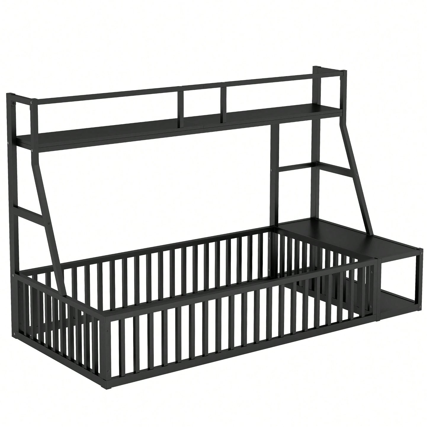 Twin Size Floor Bed Frame With Safety Fence And Storage Shelves For Kids Playhouse Design In White