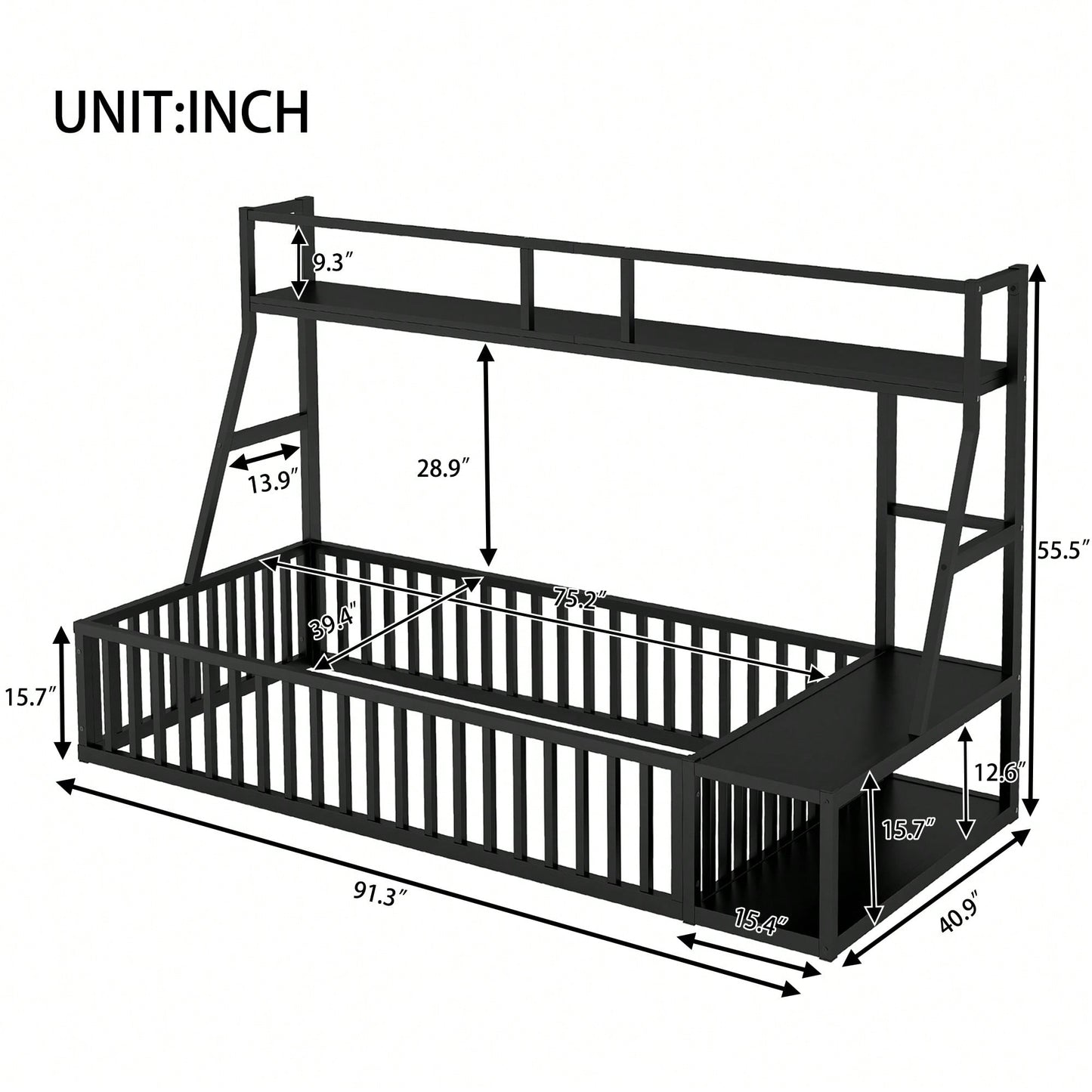 Twin Size Floor Bed Frame With Safety Fence And Storage Shelves For Kids Playhouse Design In White