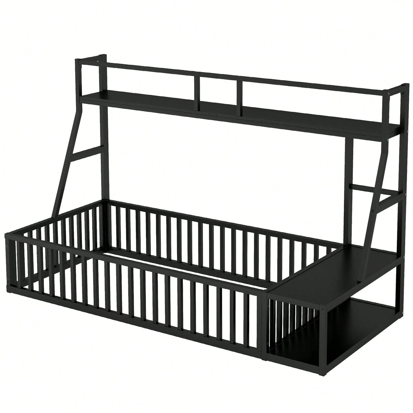 Twin Size Floor Bed Frame With Safety Fence And Storage Shelves For Kids Playhouse Design In White