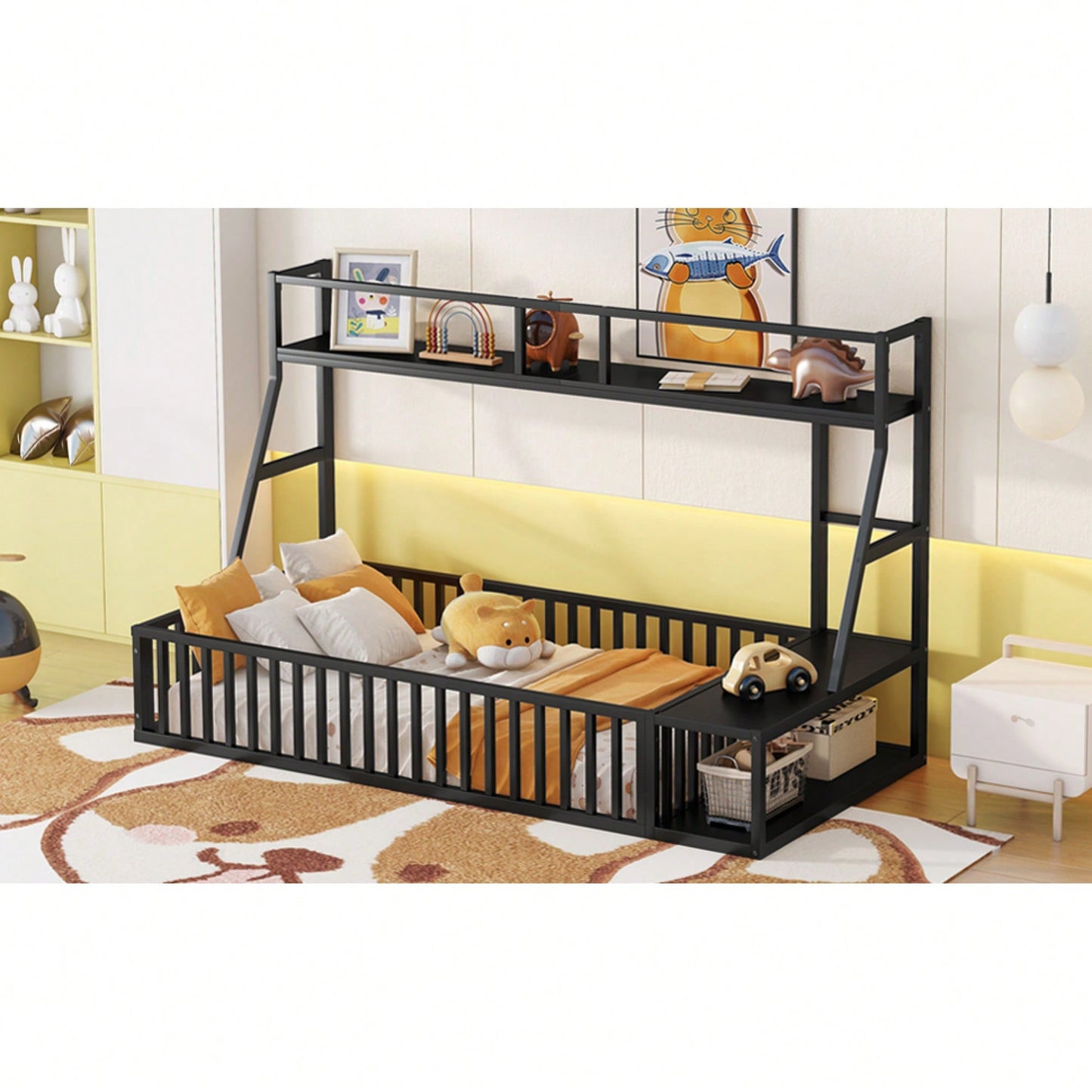 Twin Size Floor Bed Frame With Safety Fence And Storage Shelves For Kids Playhouse Design In White