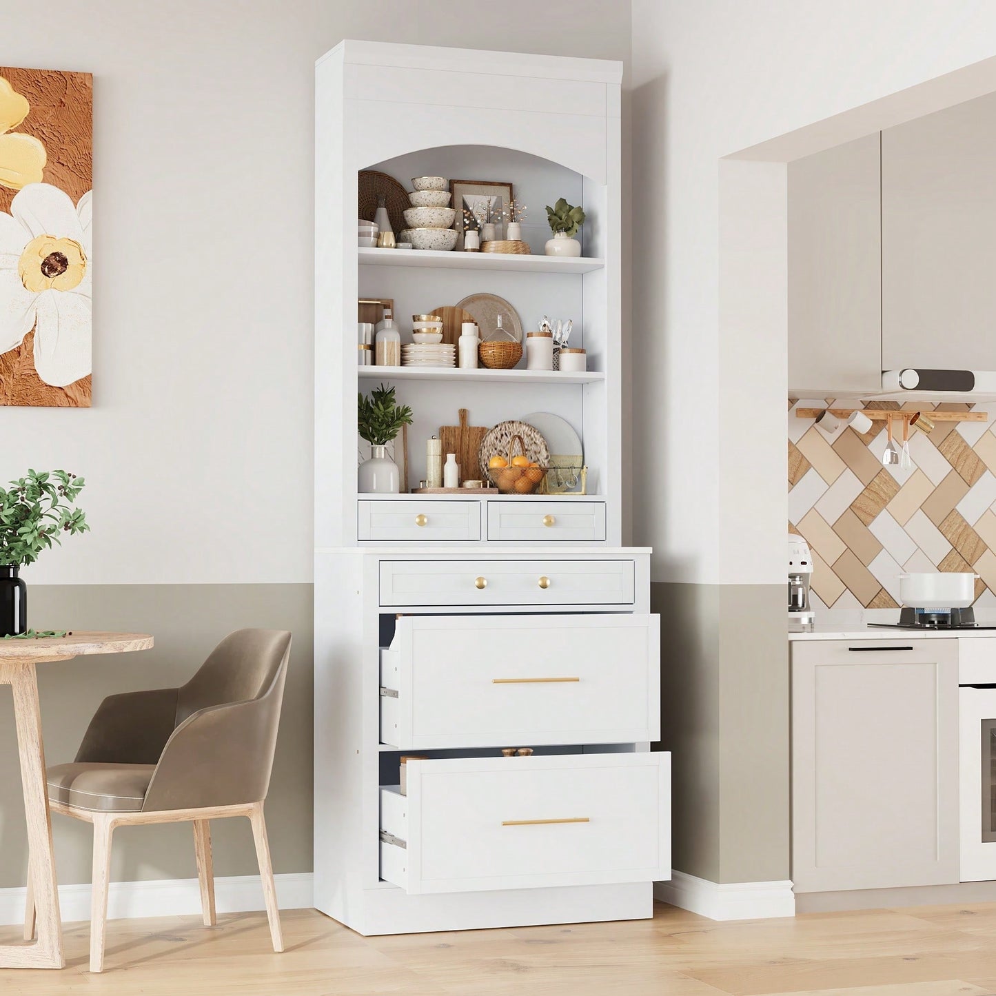 Modern 83.7inch High Freestanding Kitchen Pantry With Faux Marble Top And Adjustable Shelf, Tall Display Cabinet With 5 Storage Drawers In Gray