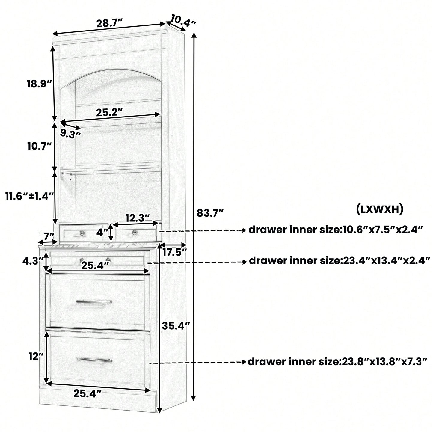Modern 83.7inch High Freestanding Kitchen Pantry With Faux Marble Top And Adjustable Shelf, Tall Display Cabinet With 5 Storage Drawers In Gray