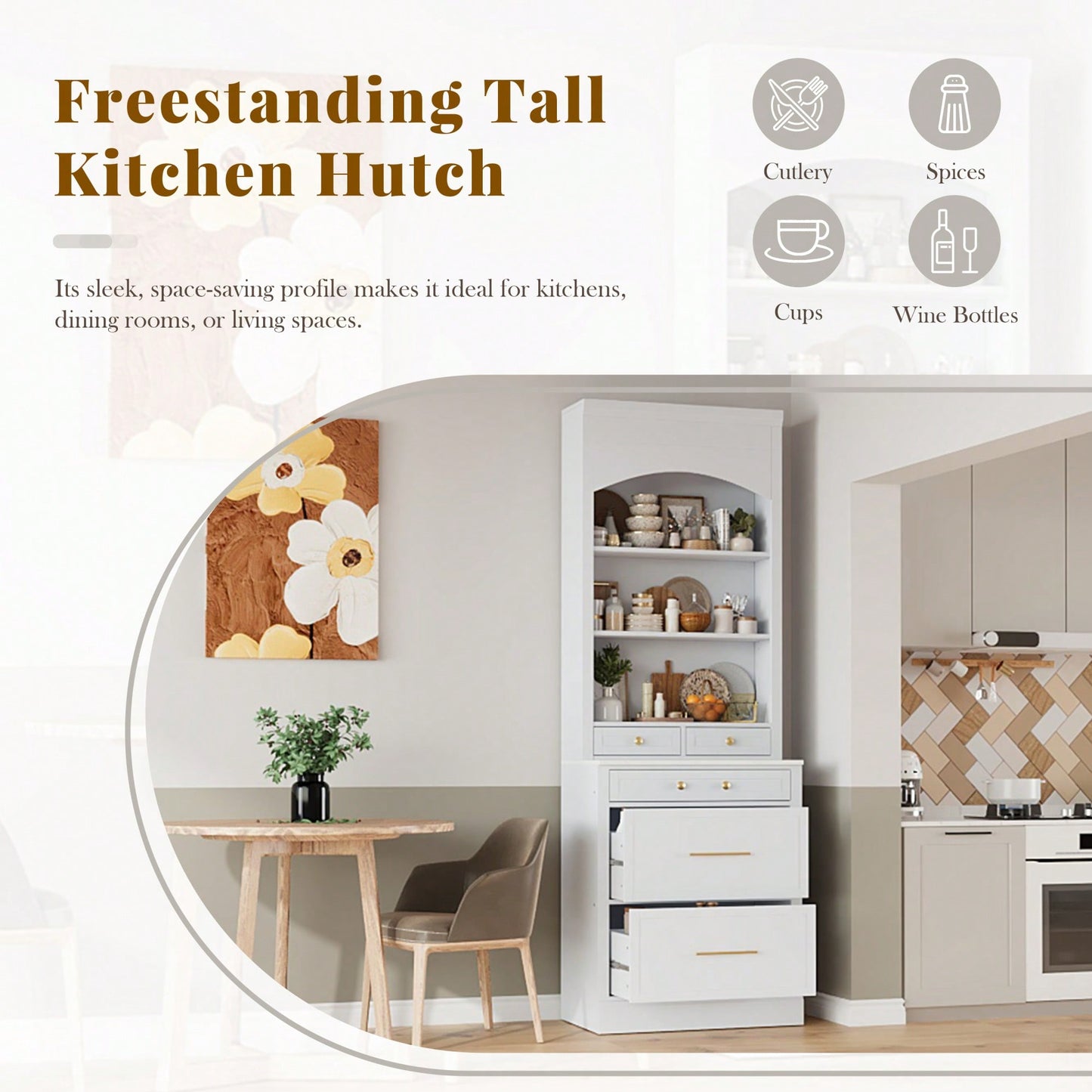 Modern 83.7inch High Freestanding Kitchen Pantry With Faux Marble Top And Adjustable Shelf, Tall Display Cabinet With 5 Storage Drawers In Gray