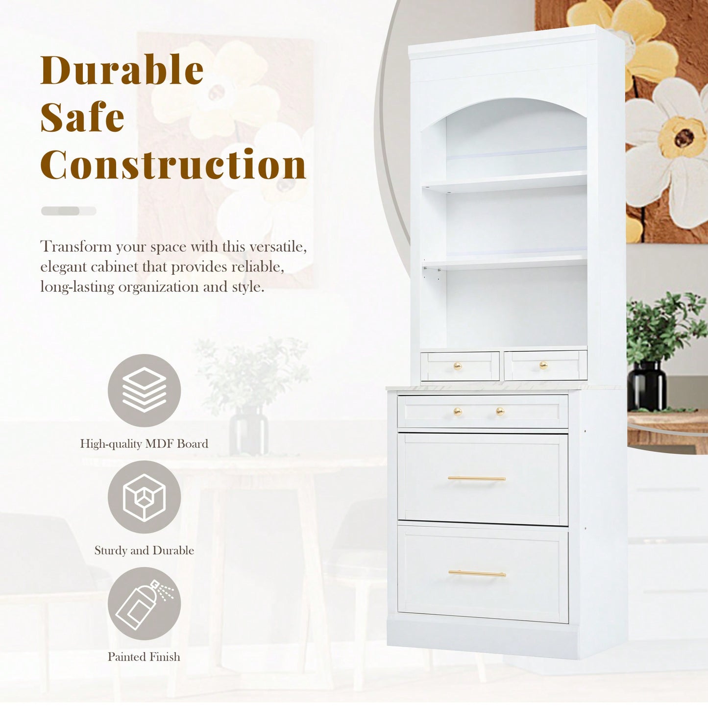 Modern 83.7inch High Freestanding Kitchen Pantry With Faux Marble Top And Adjustable Shelf, Tall Display Cabinet With 5 Storage Drawers In Gray