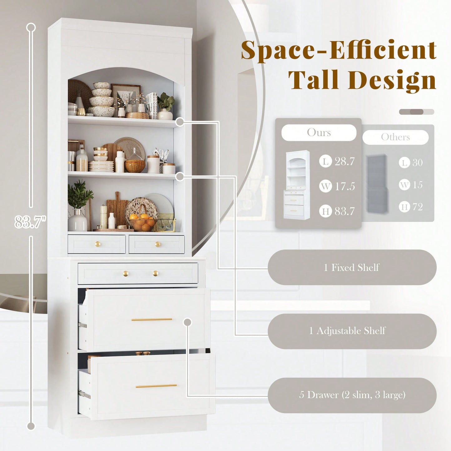 Modern 83.7inch High Freestanding Kitchen Pantry With Faux Marble Top And Adjustable Shelf, Tall Display Cabinet With 5 Storage Drawers In Gray