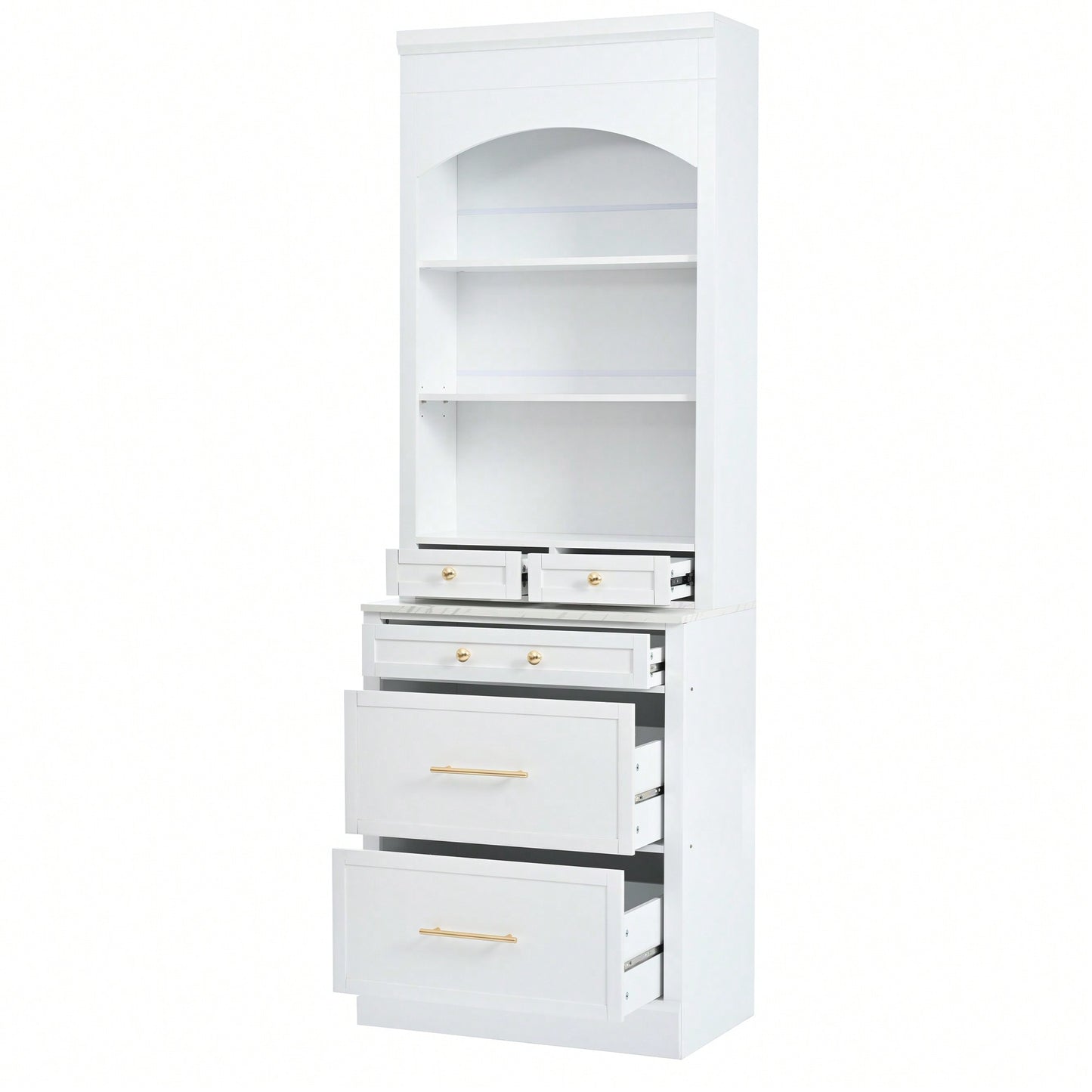 Modern 83.7inch High Freestanding Kitchen Pantry With Faux Marble Top And Adjustable Shelf, Tall Display Cabinet With 5 Storage Drawers In Gray