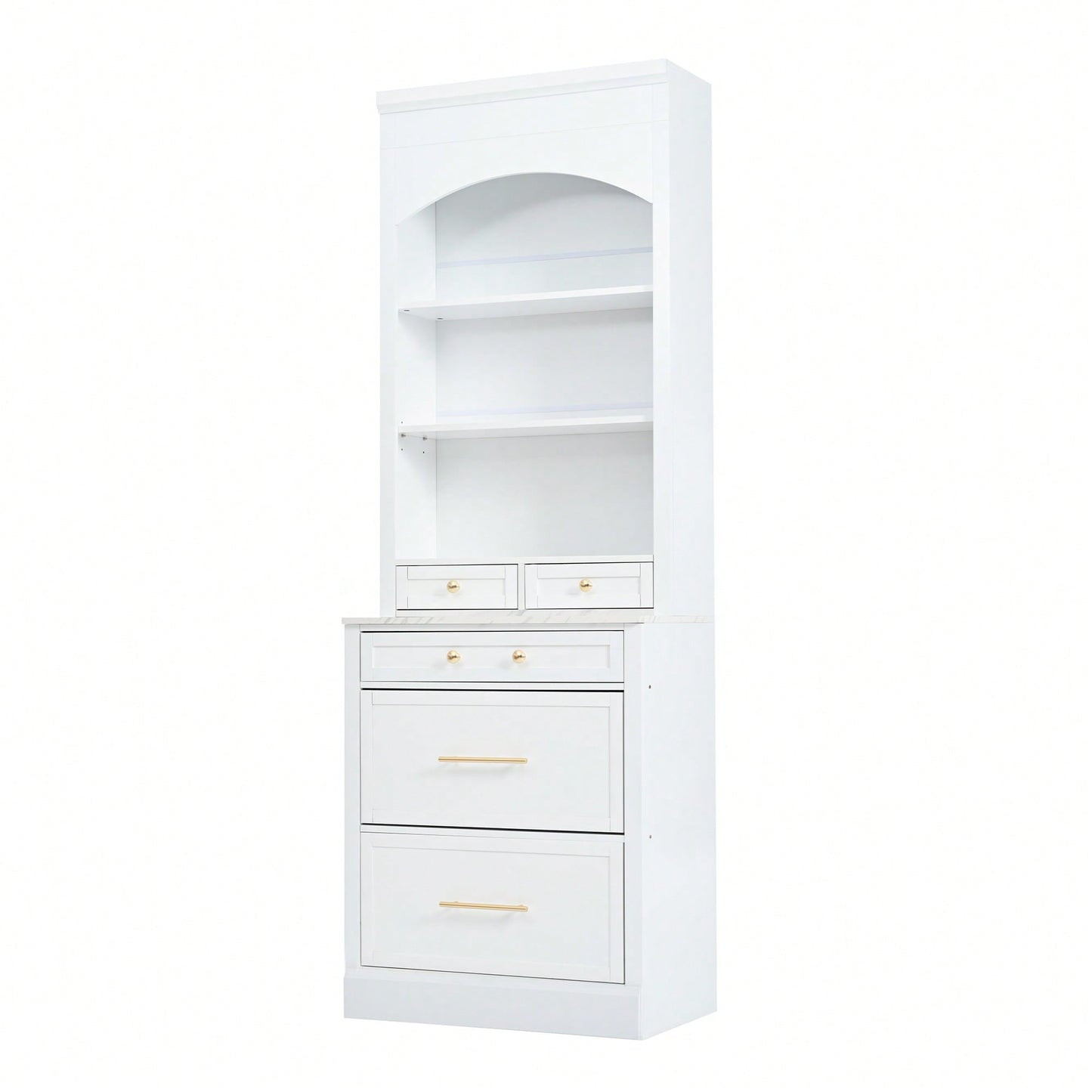 Modern 83.7inch High Freestanding Kitchen Pantry With Faux Marble Top And Adjustable Shelf, Tall Display Cabinet With 5 Storage Drawers In Gray