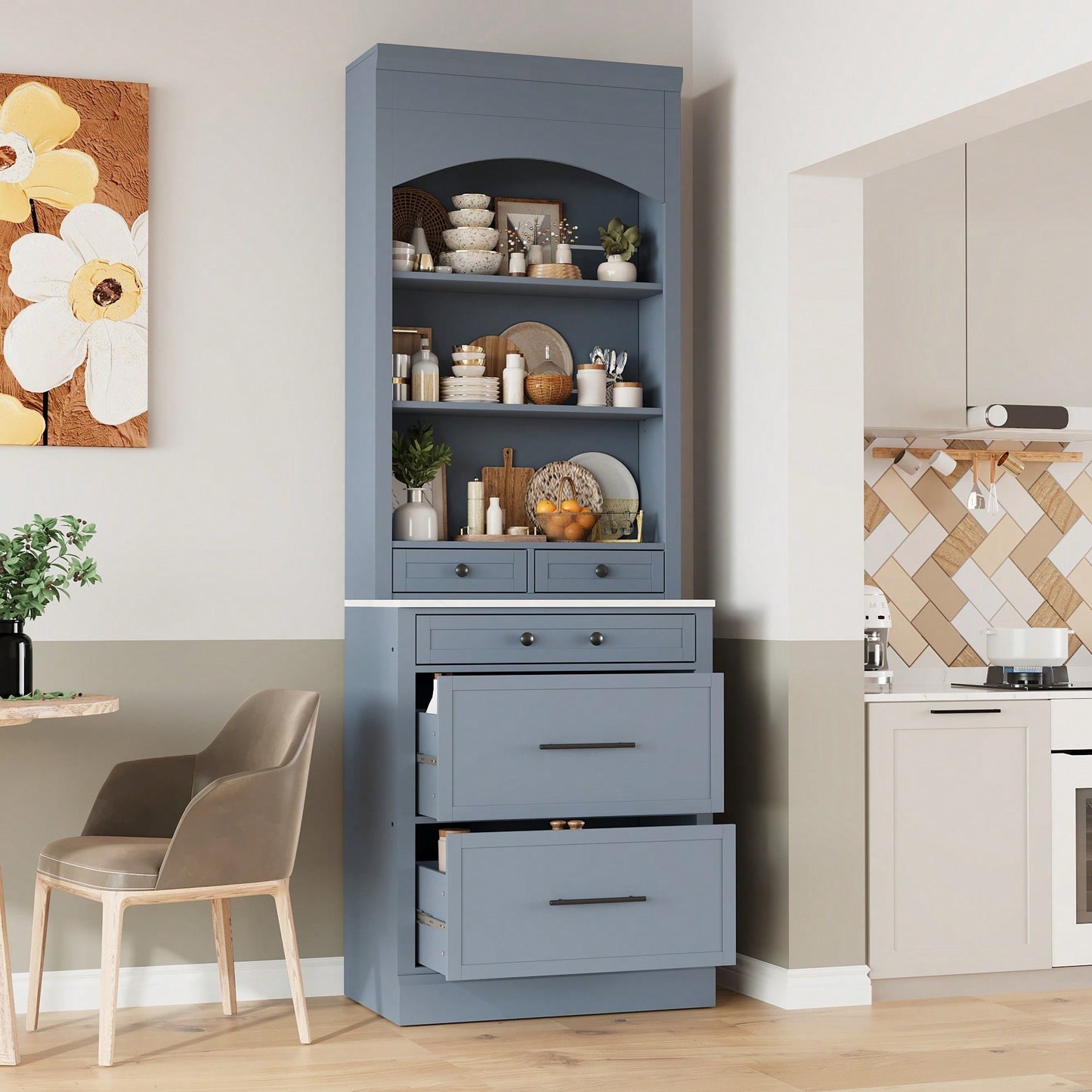 Modern 83.7inch High Freestanding Kitchen Pantry With Faux Marble Top And Adjustable Shelf, Tall Display Cabinet With 5 Storage Drawers In Gray