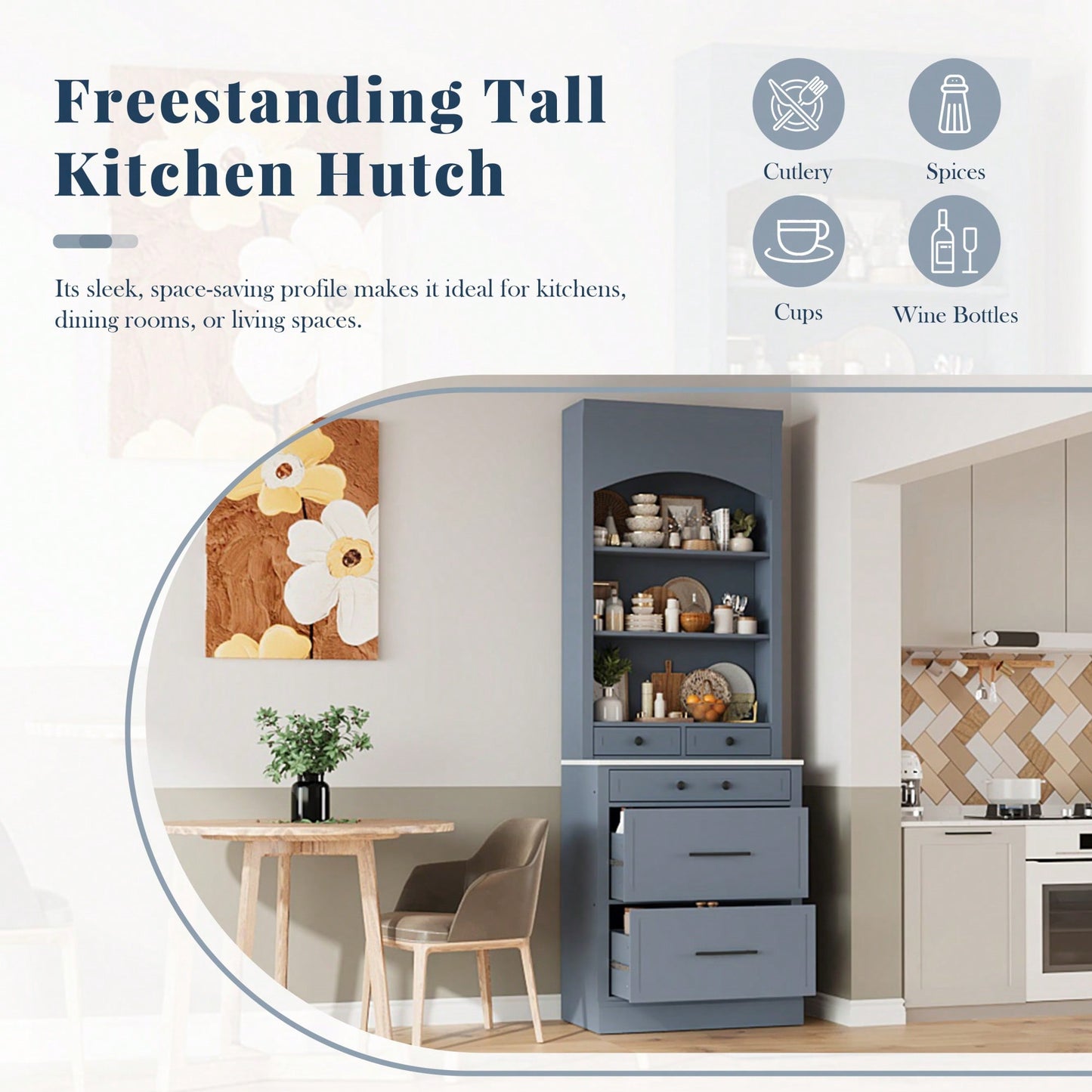 Modern 83.7inch High Freestanding Kitchen Pantry With Faux Marble Top And Adjustable Shelf, Tall Display Cabinet With 5 Storage Drawers In Gray