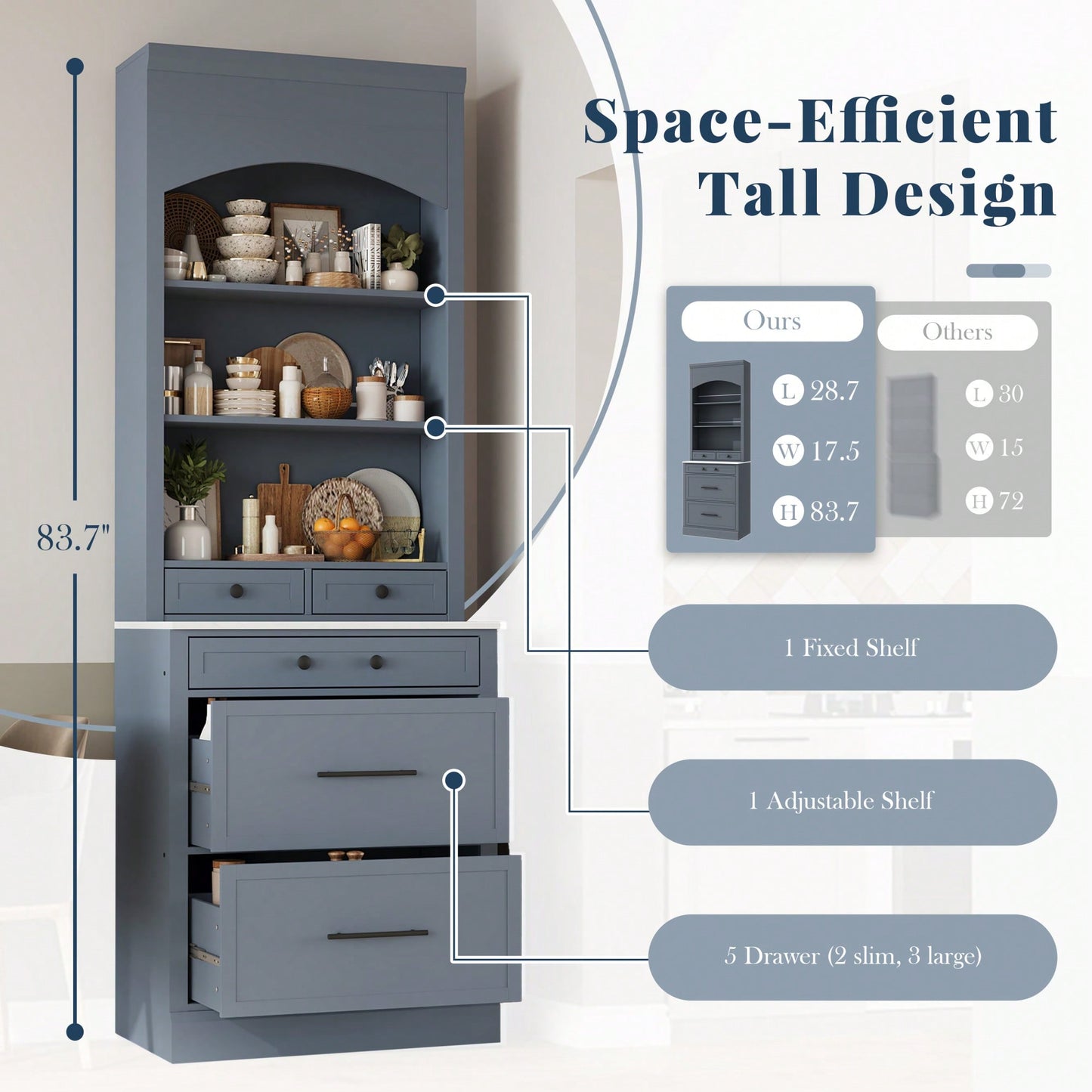 Modern 83.7inch High Freestanding Kitchen Pantry With Faux Marble Top And Adjustable Shelf, Tall Display Cabinet With 5 Storage Drawers In Gray