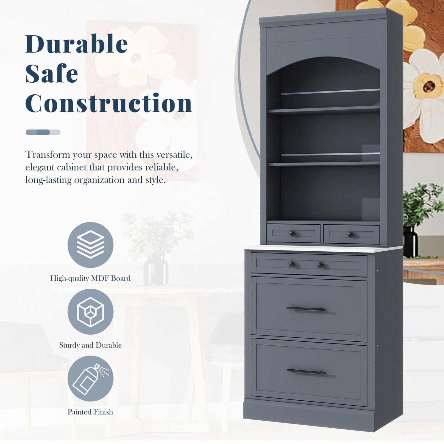 Modern 83.7inch High Freestanding Kitchen Pantry With Faux Marble Top And Adjustable Shelf, Tall Display Cabinet With 5 Storage Drawers In Gray