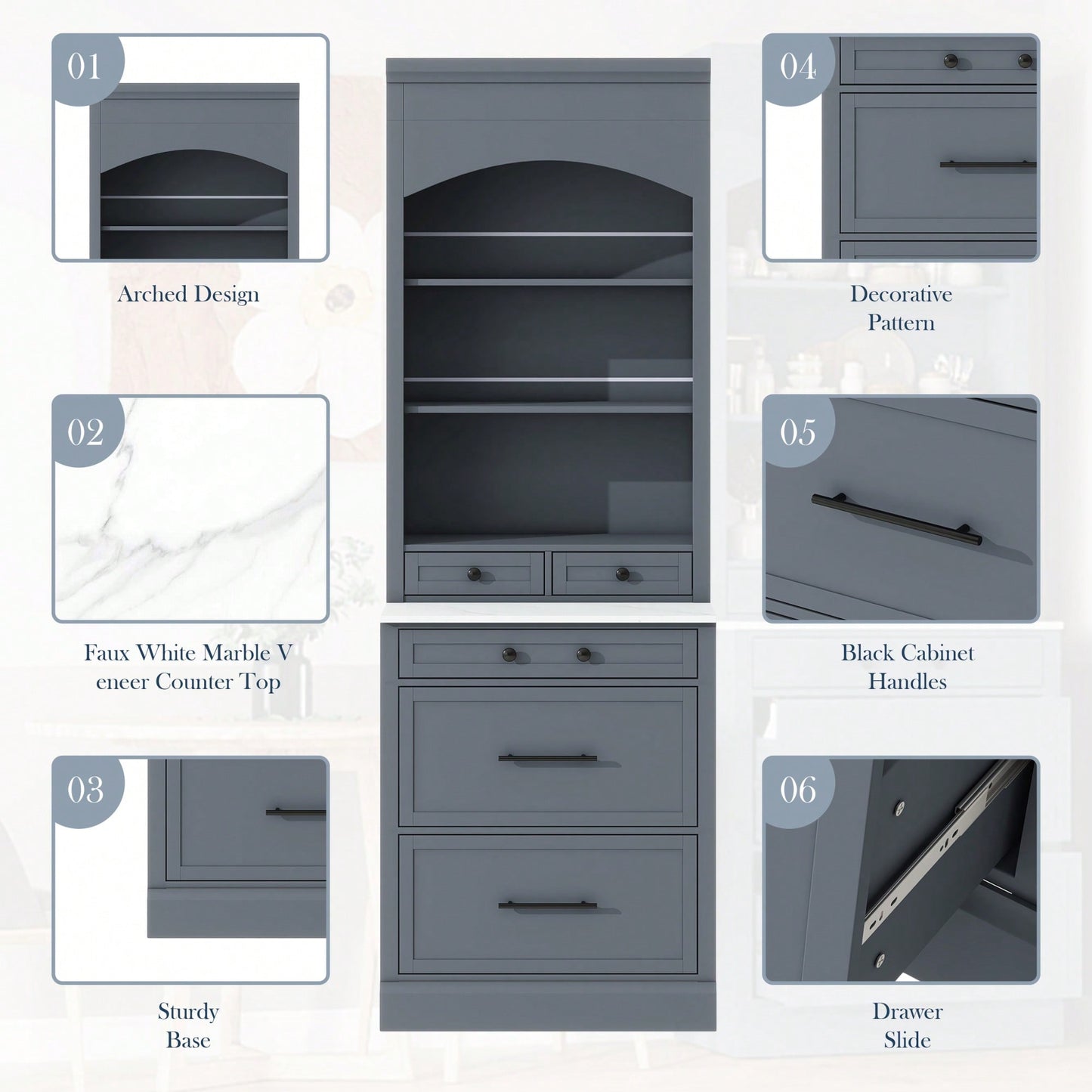 Modern 83.7inch High Freestanding Kitchen Pantry With Faux Marble Top And Adjustable Shelf, Tall Display Cabinet With 5 Storage Drawers In Gray