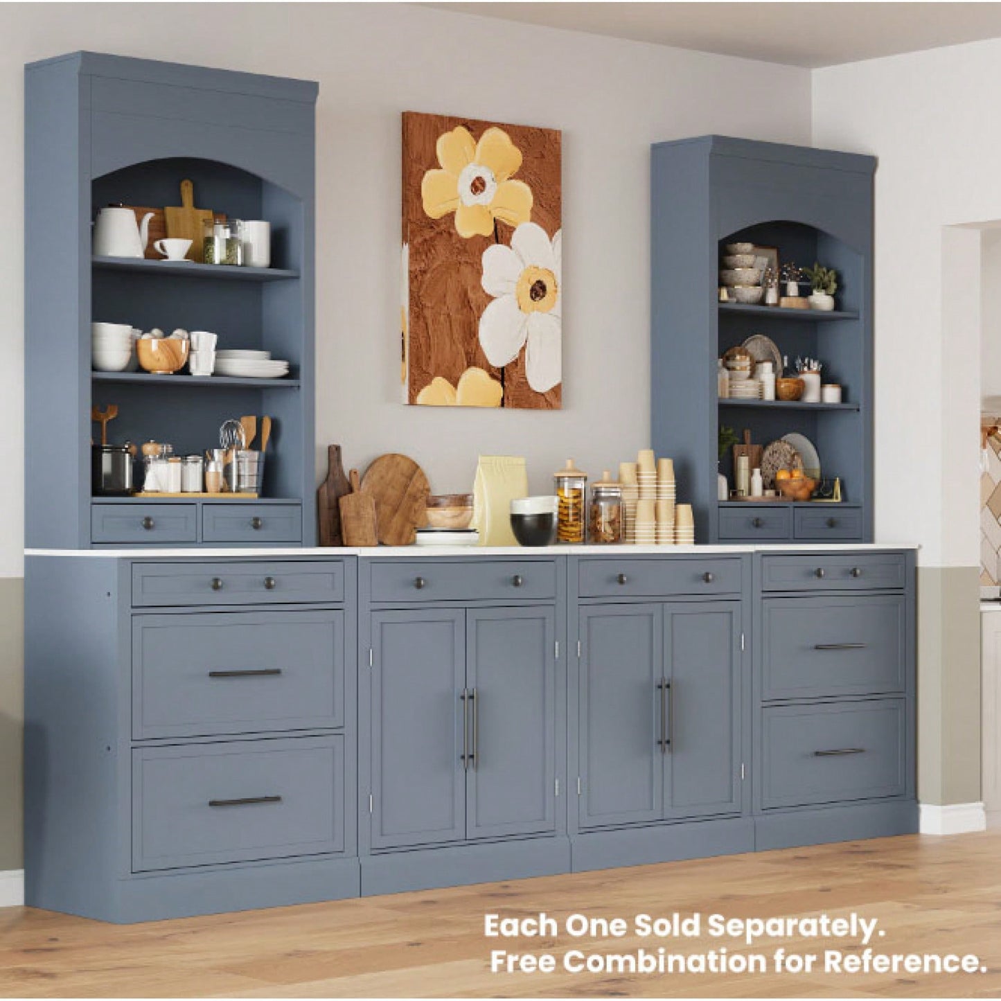 Modern 83.7inch High Freestanding Kitchen Pantry With Faux Marble Top And Adjustable Shelf, Tall Display Cabinet With 5 Storage Drawers In Gray
