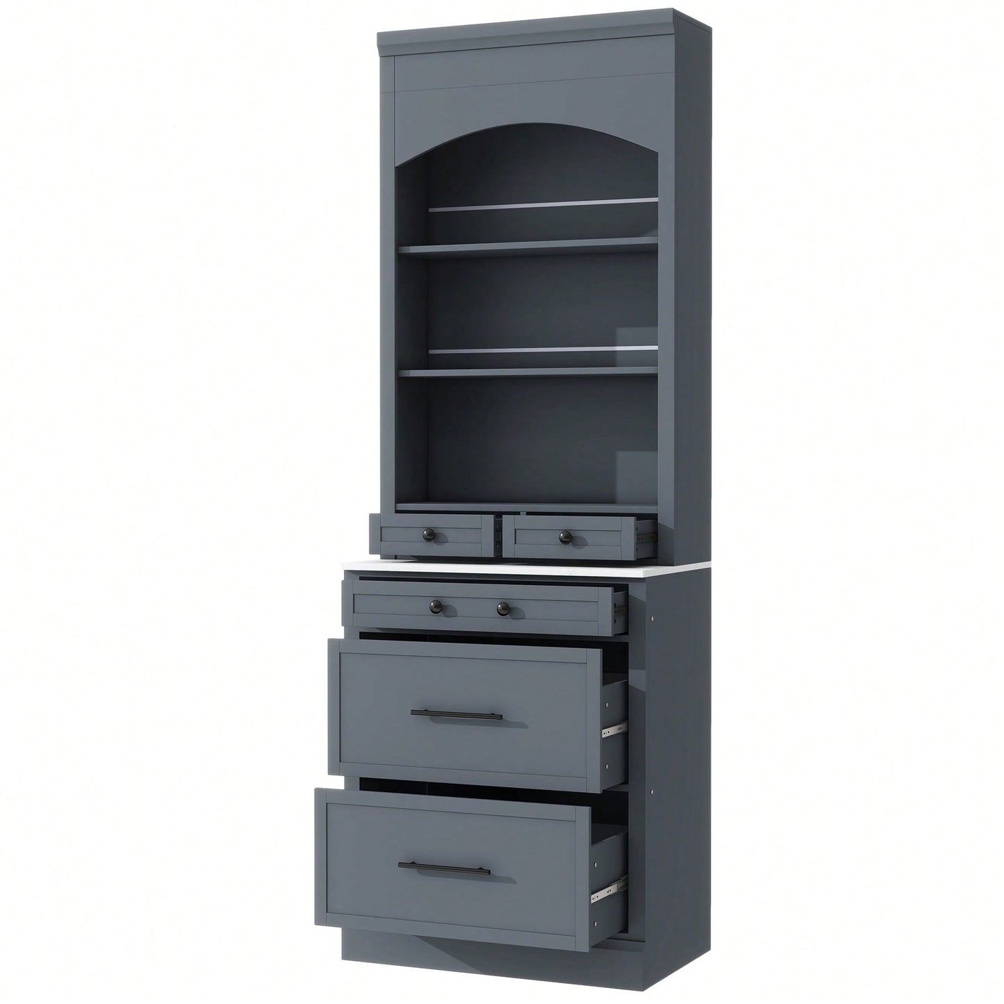 Modern 83.7inch High Freestanding Kitchen Pantry With Faux Marble Top And Adjustable Shelf, Tall Display Cabinet With 5 Storage Drawers In Gray
