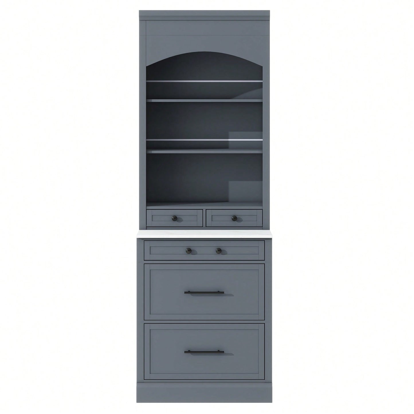 Modern 83.7inch High Freestanding Kitchen Pantry With Faux Marble Top And Adjustable Shelf, Tall Display Cabinet With 5 Storage Drawers In Gray