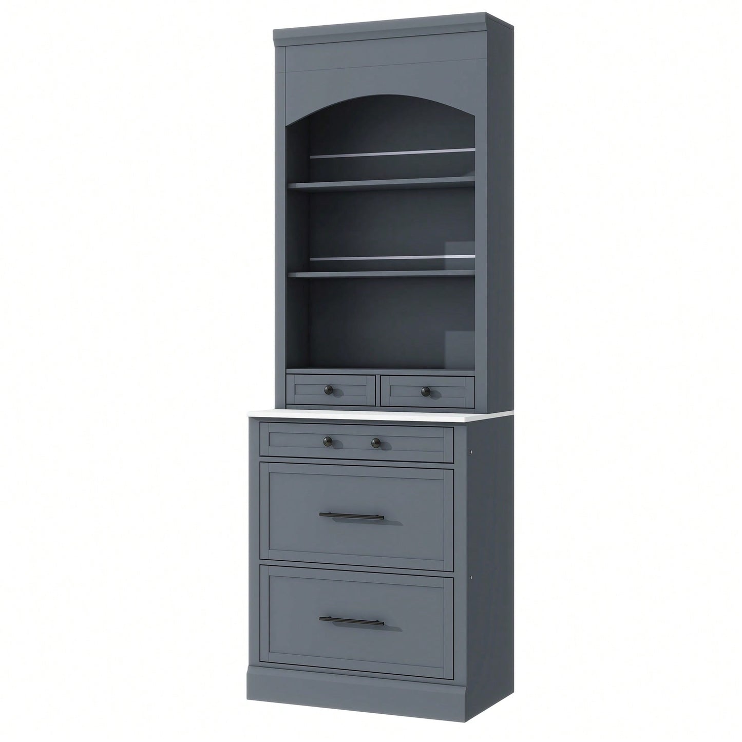 Modern 83.7inch High Freestanding Kitchen Pantry With Faux Marble Top And Adjustable Shelf, Tall Display Cabinet With 5 Storage Drawers In Gray