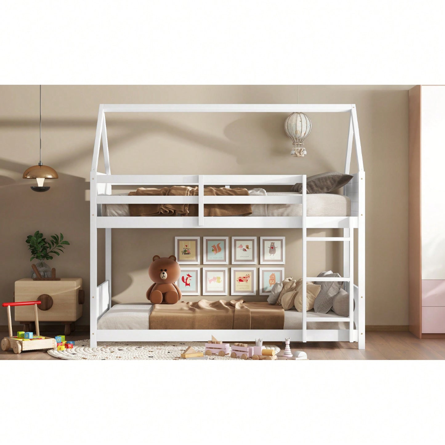 Twin Over Twin Bunk Bed With Headboards, Footboards, Guardrails And Ladder, Rubber Wood Construction Light Grey