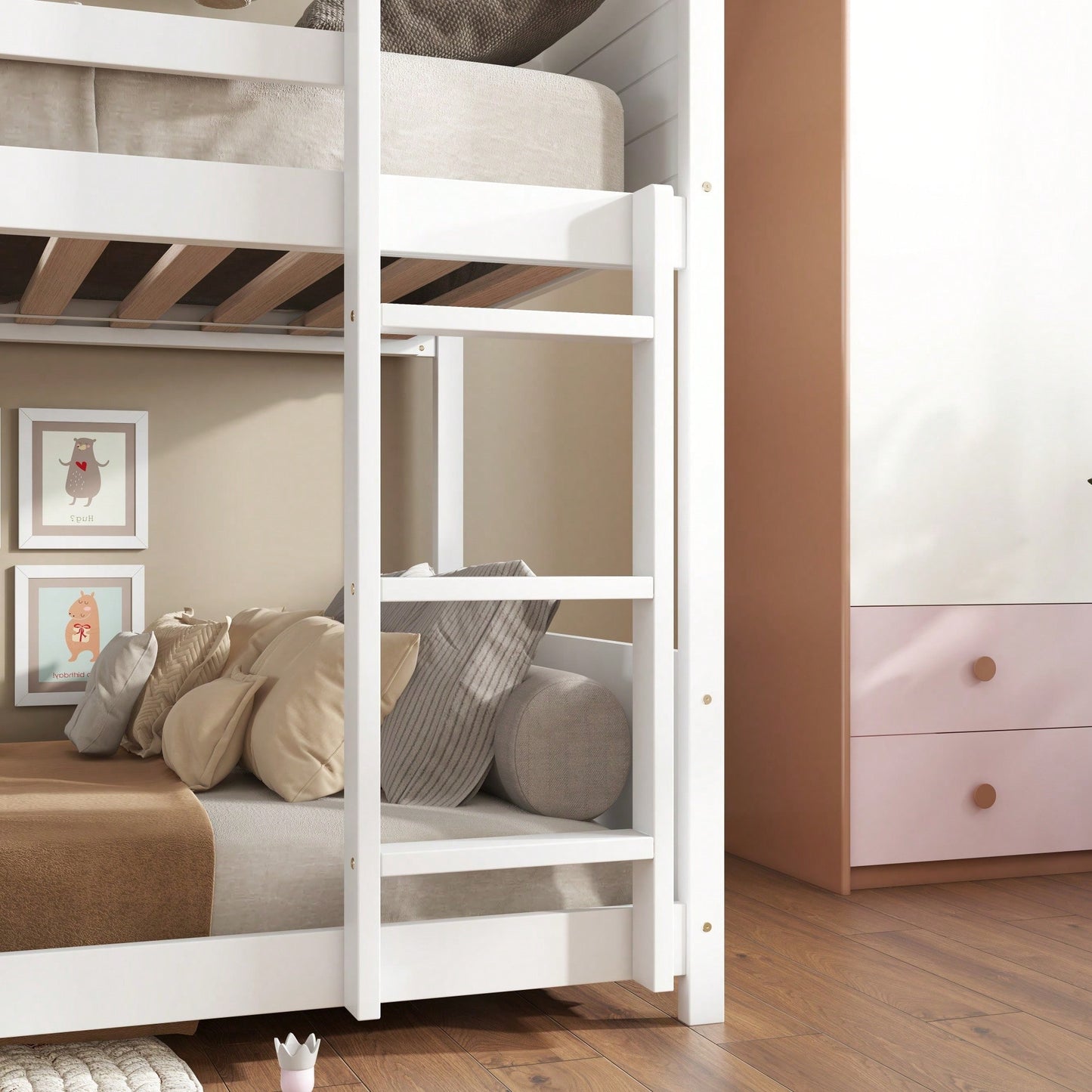 Twin Over Twin Bunk Bed With Headboards, Footboards, Guardrails And Ladder, Rubber Wood Construction Light Grey