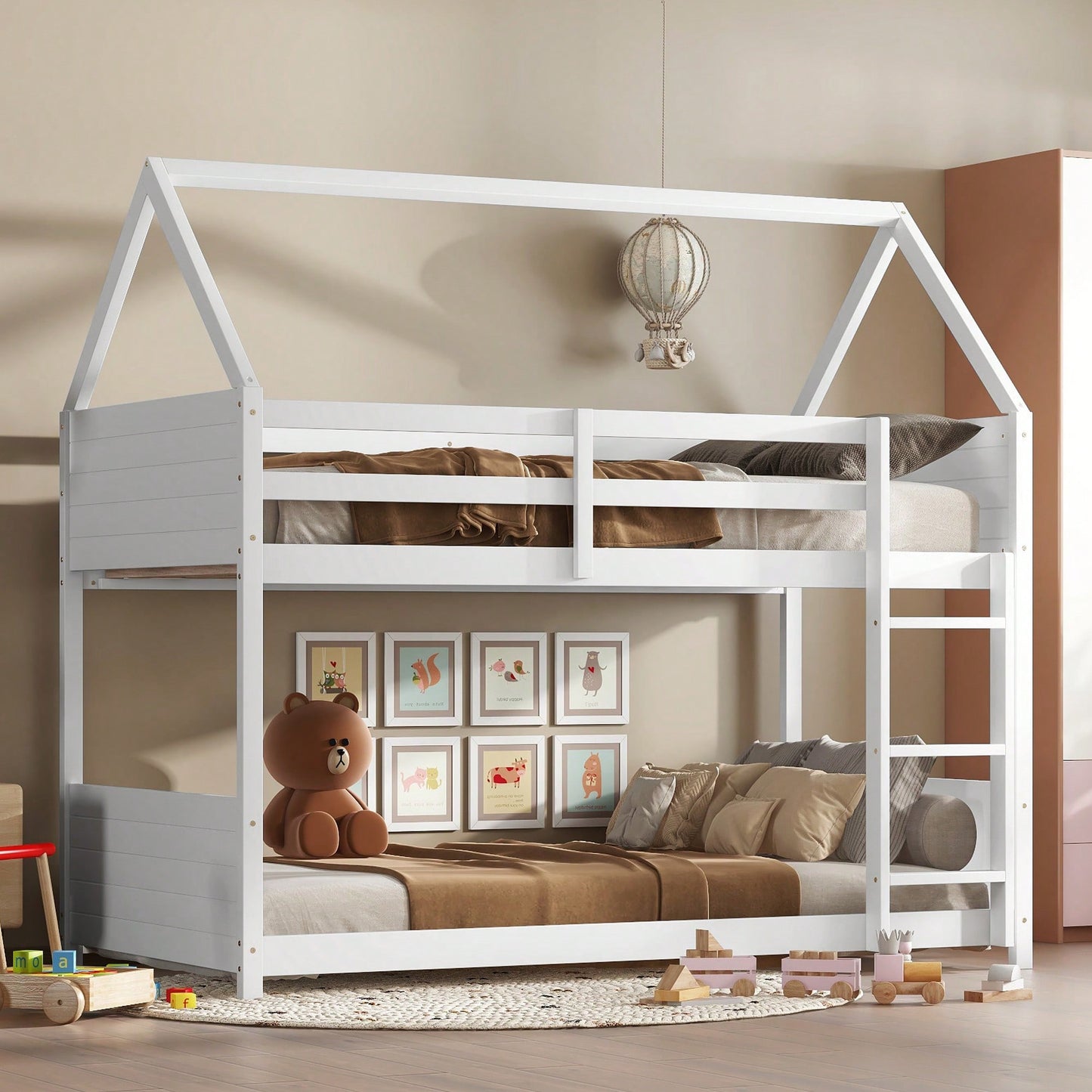Twin Over Twin Bunk Bed With Headboards, Footboards, Guardrails And Ladder, Rubber Wood Construction Light Grey
