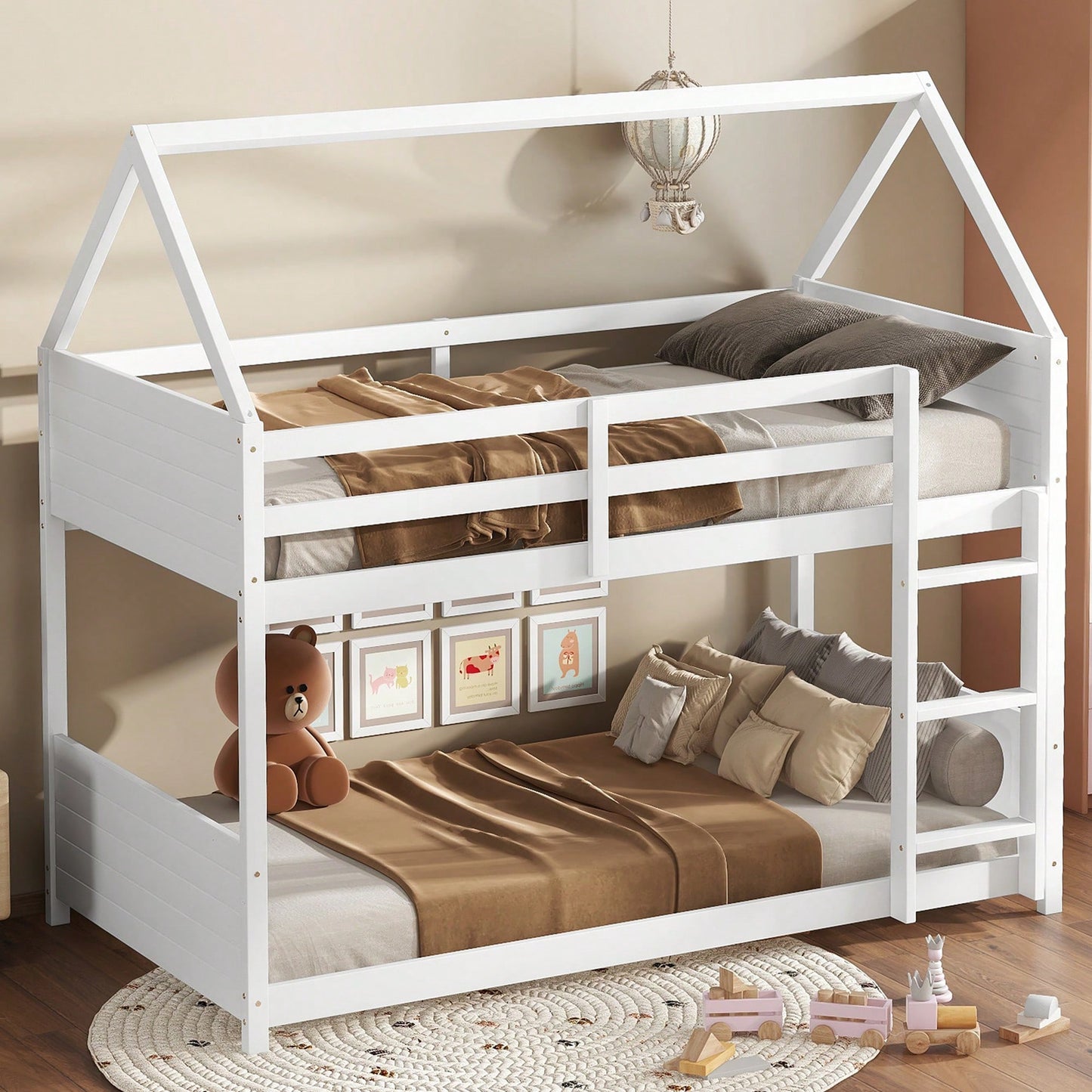 Twin Over Twin Bunk Bed With Headboards, Footboards, Guardrails And Ladder, Rubber Wood Construction Light Grey