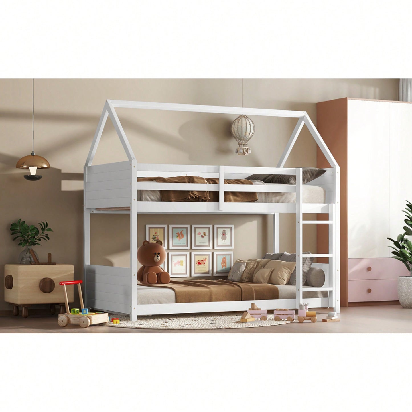 Twin Over Twin Bunk Bed With Headboards, Footboards, Guardrails And Ladder, Rubber Wood Construction Light Grey