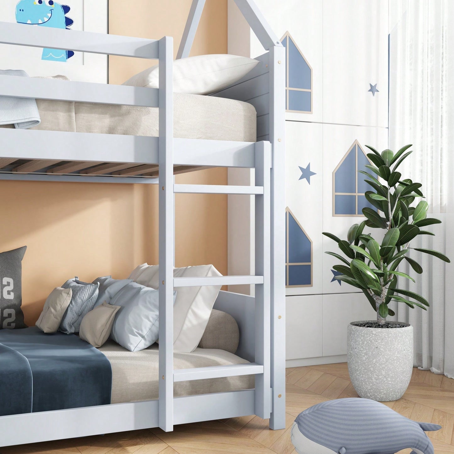 Twin Over Twin Bunk Bed With Headboards, Footboards, Guardrails And Ladder, Rubber Wood Construction Light Grey