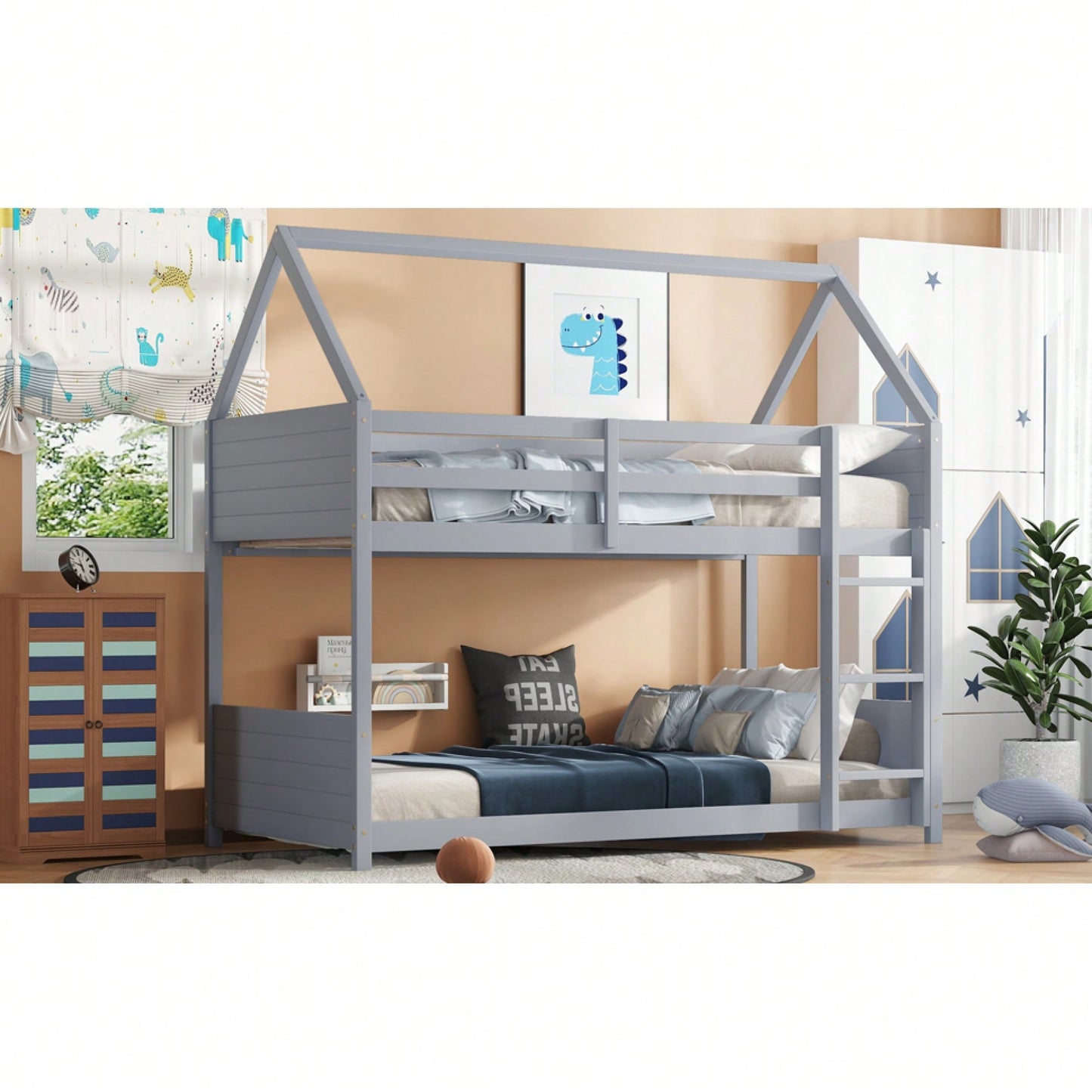 Twin Over Twin Bunk Bed With Headboards, Footboards, Guardrails And Ladder, Rubber Wood Construction Light Grey