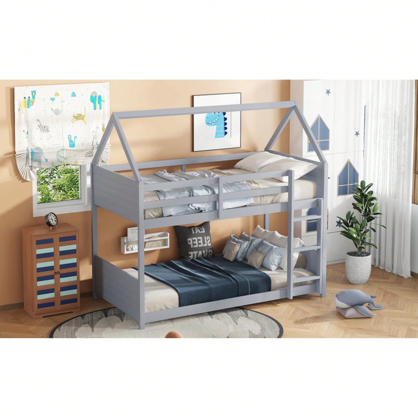 Twin Over Twin Bunk Bed With Headboards, Footboards, Guardrails And Ladder, Rubber Wood Construction Light Grey