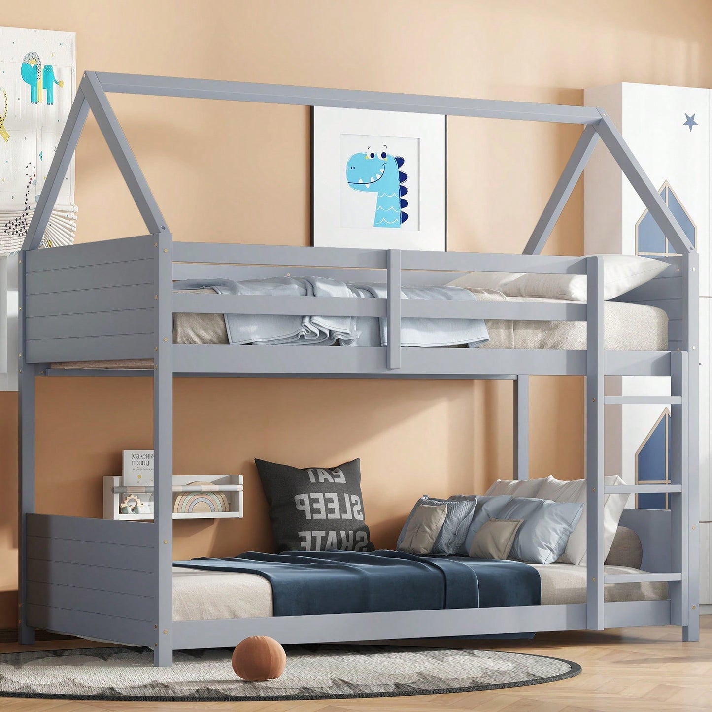 Twin Over Twin Bunk Bed With Headboards, Footboards, Guardrails And Ladder, Rubber Wood Construction Light Grey