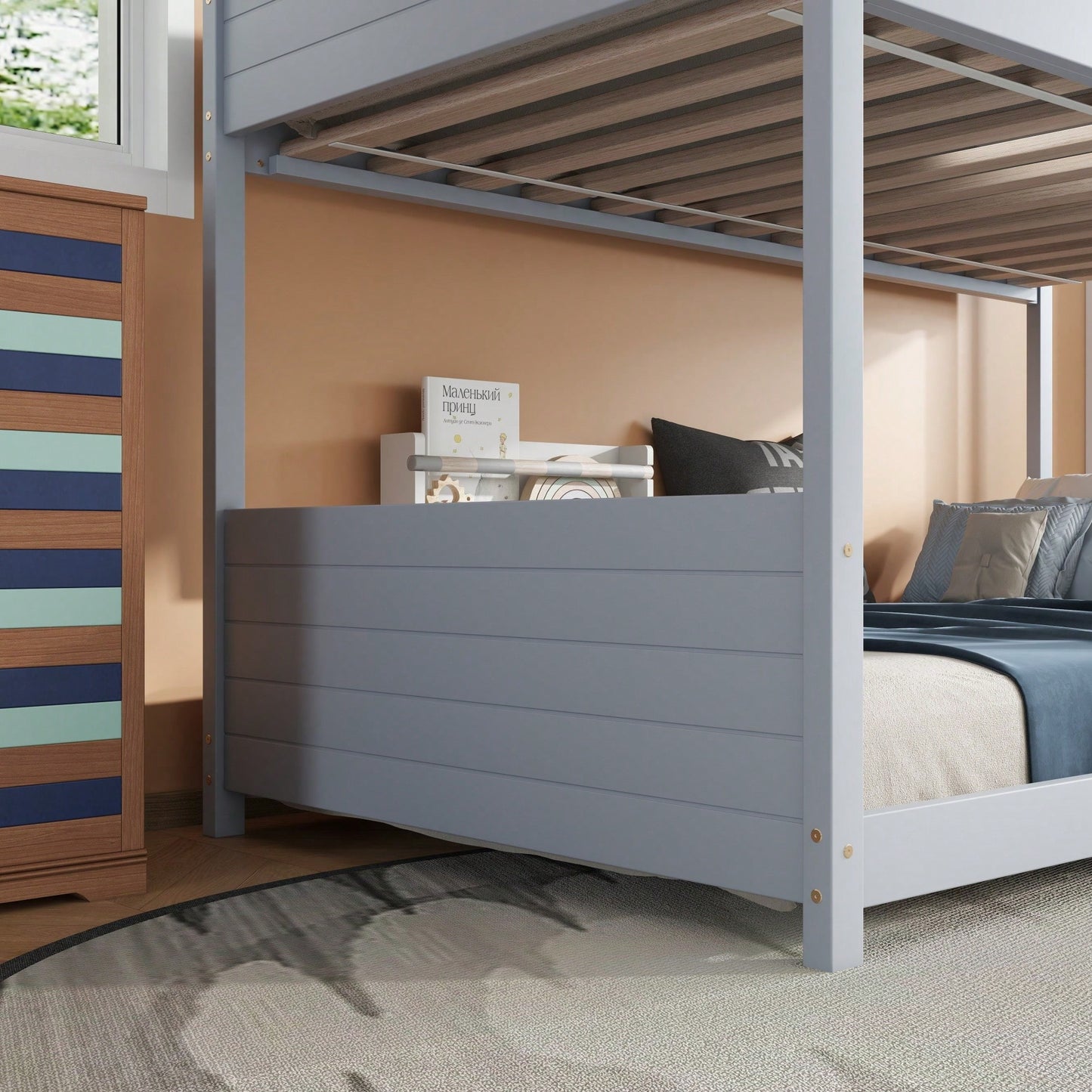 Twin Over Twin Bunk Bed With Headboards, Footboards, Guardrails And Ladder, Rubber Wood Construction Light Grey