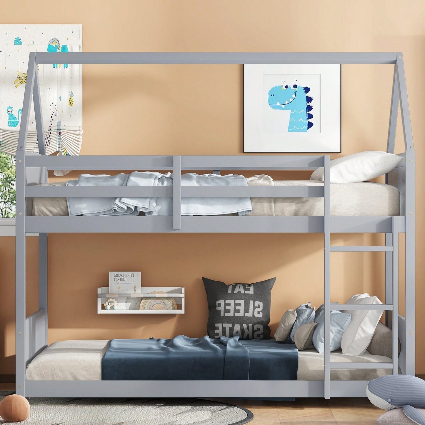Twin Over Twin Bunk Bed With Headboards, Footboards, Guardrails And Ladder, Rubber Wood Construction Light Grey