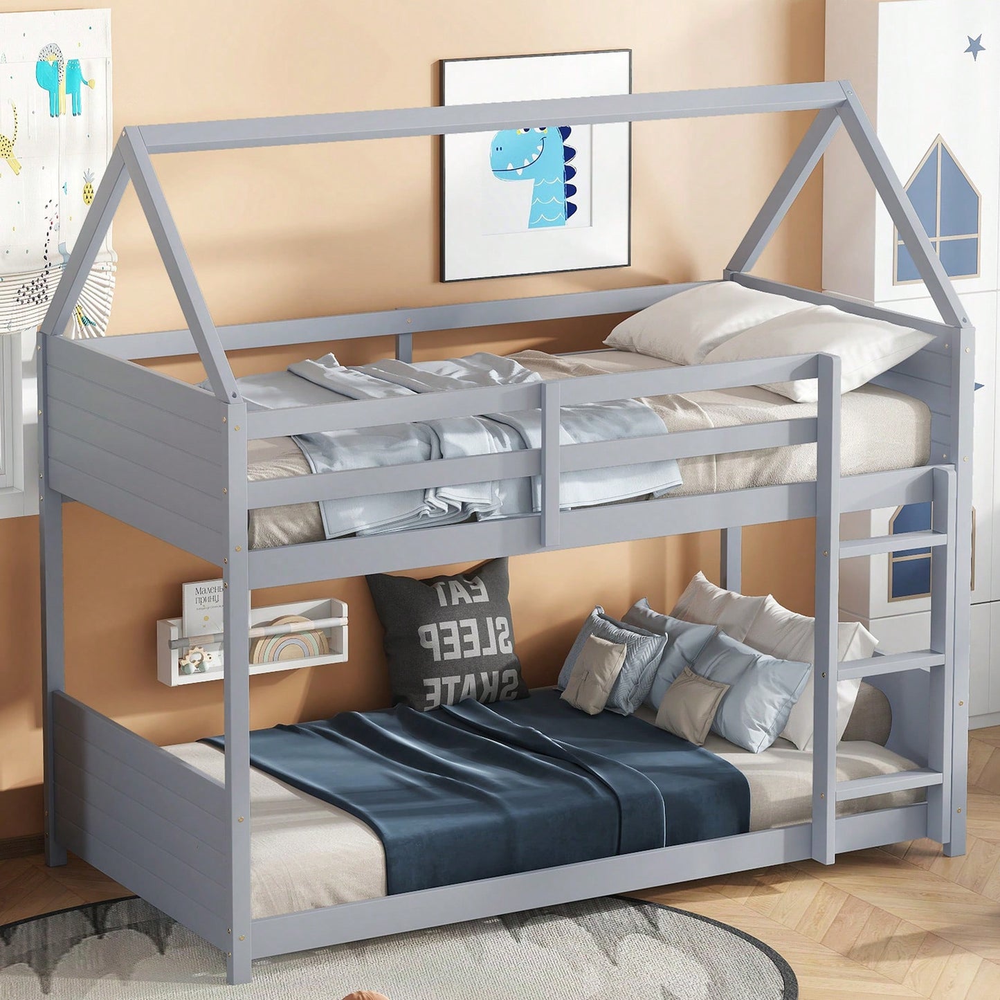 Twin Over Twin Bunk Bed With Headboards, Footboards, Guardrails And Ladder, Rubber Wood Construction Light Grey