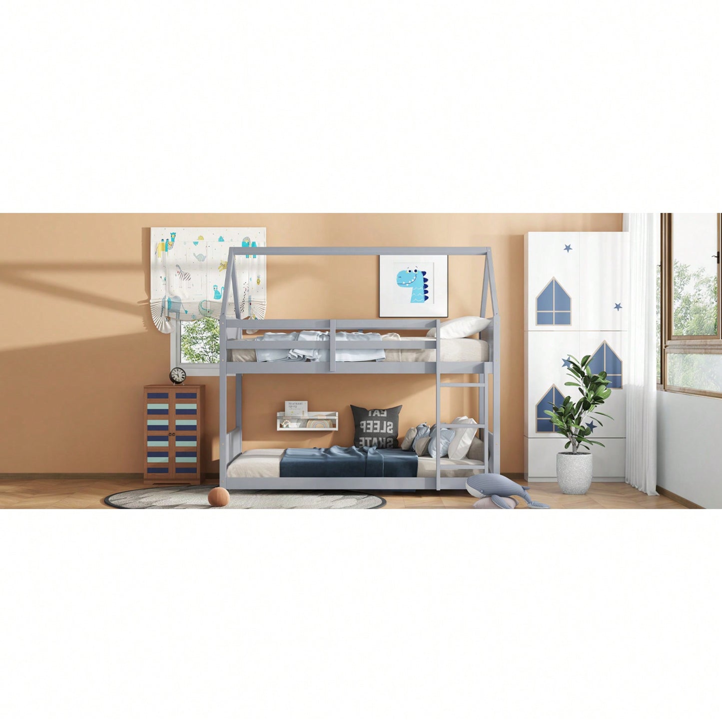 Twin Over Twin Bunk Bed With Headboards, Footboards, Guardrails And Ladder, Rubber Wood Construction Light Grey