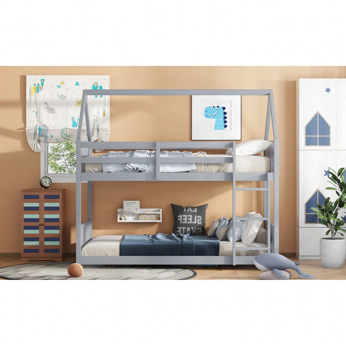 Twin Over Twin Bunk Bed With Headboards, Footboards, Guardrails And Ladder, Rubber Wood Construction Light Grey
