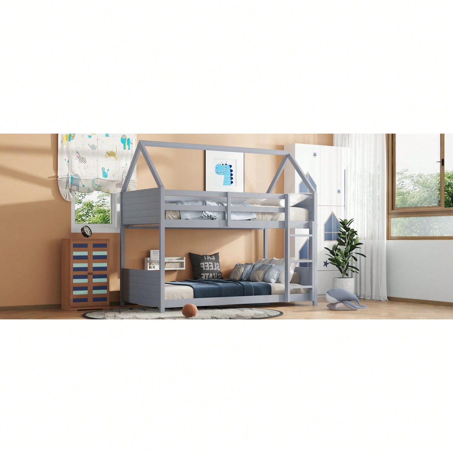 Twin Over Twin Bunk Bed With Headboards, Footboards, Guardrails And Ladder, Rubber Wood Construction Light Grey